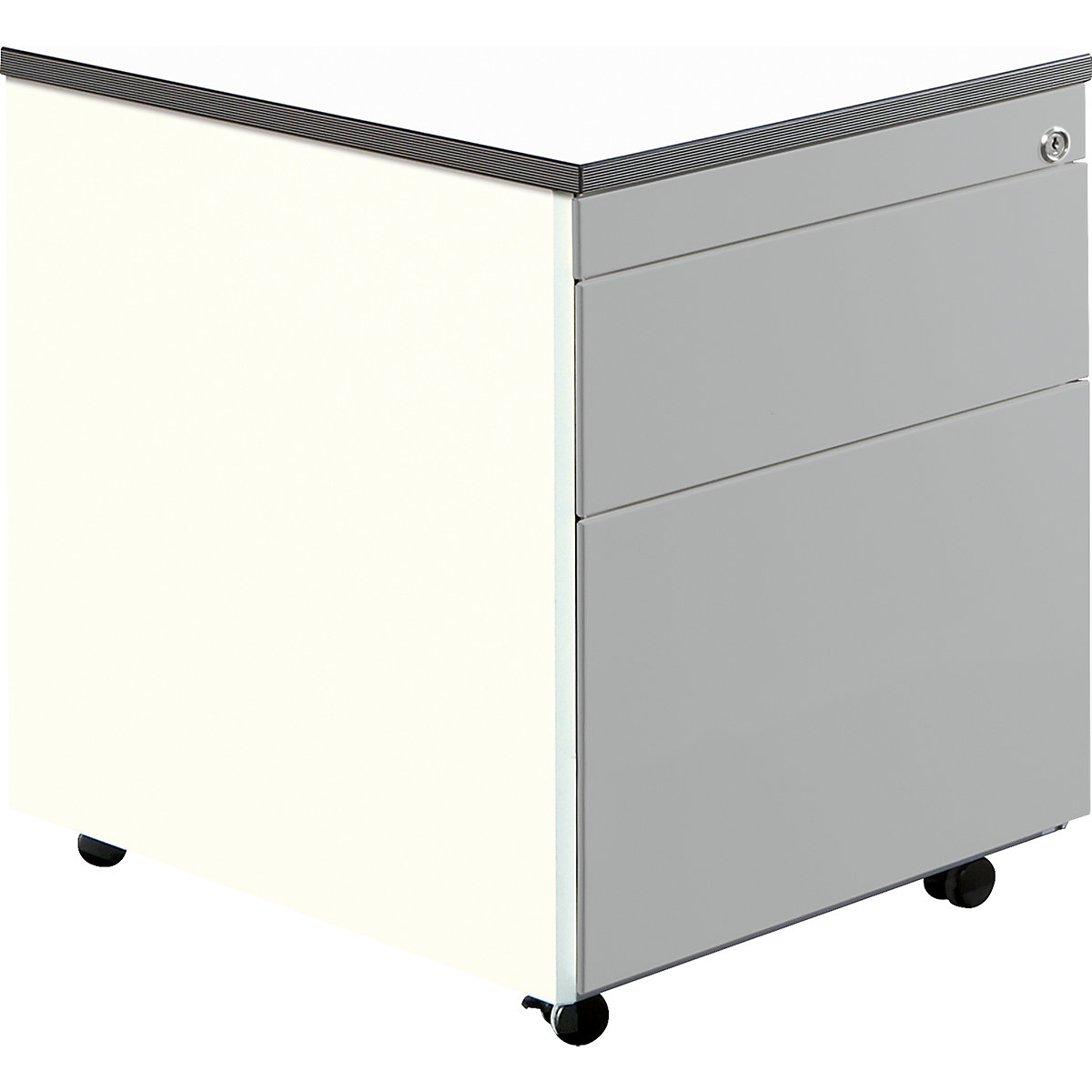 Bloco de gavetas com rodas – mauser, AxP 579 x 600 mm, 1 gaveta para materiais, 1 arquivo suspenso, branco puro/cinza alumínio/branco-0