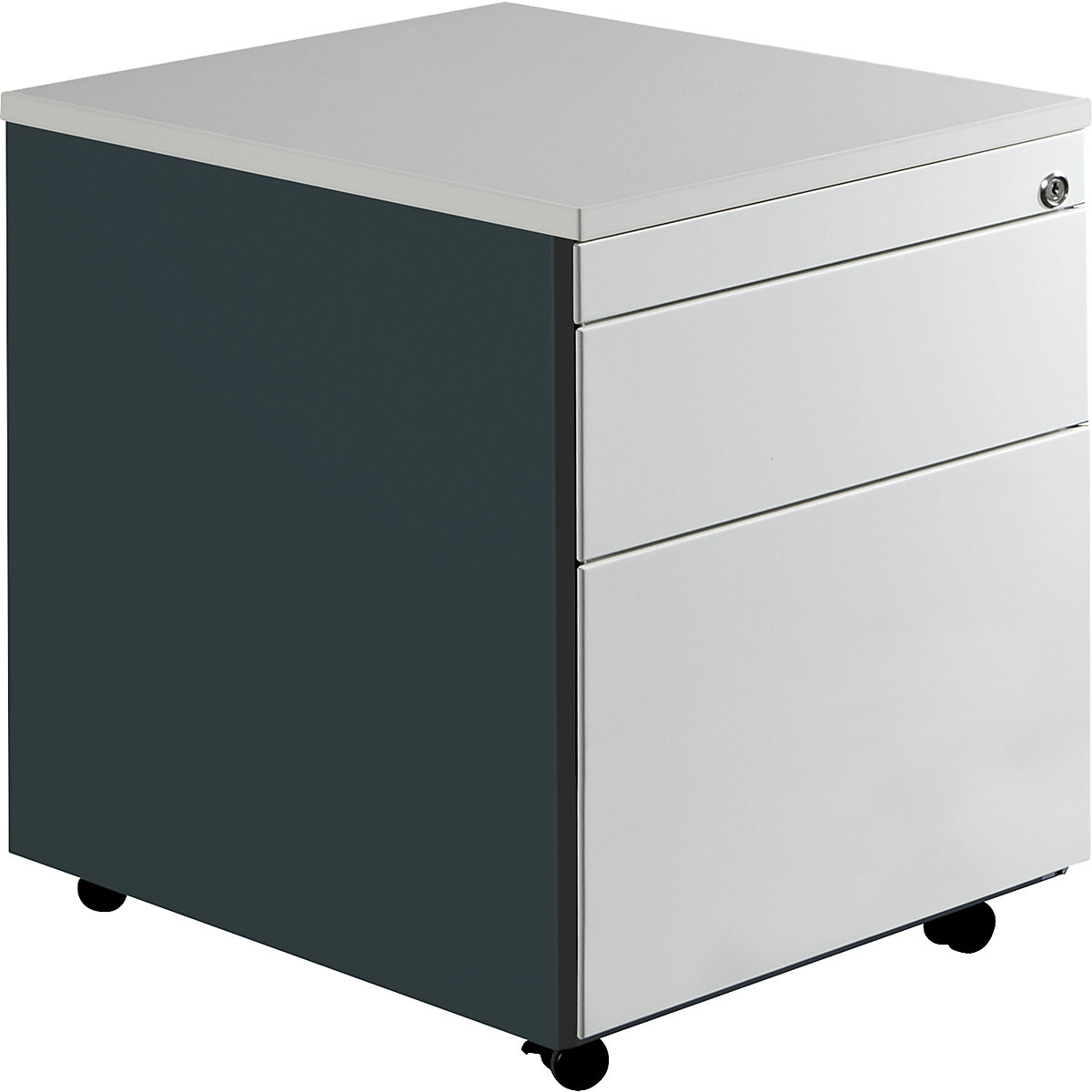 Bloco de gavetas com rodas – mauser, AxP 579 x 600 mm, 1 gaveta para materiais, 1 arquivo suspenso, cinzento antracite / cinzento claro / cinzento claro-0