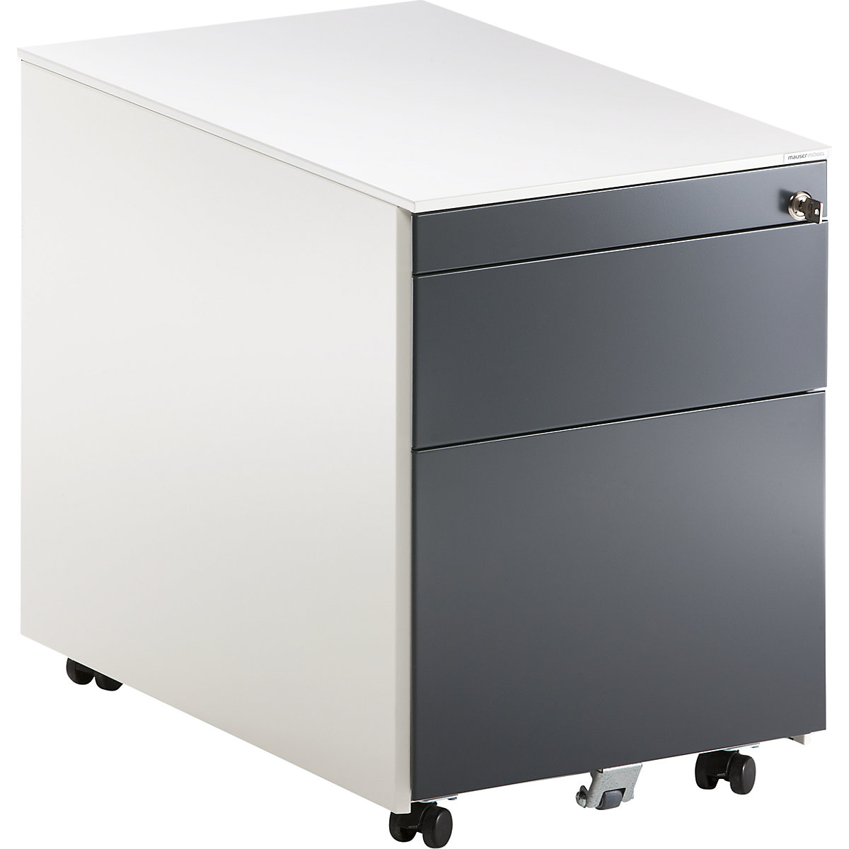 Bloco de gavetas com rodas – mauser, AxP 570 x 600 mm, 1 gaveta para materiais, 1 arquivo suspenso, branco puro/cinzento antracite/branco-0