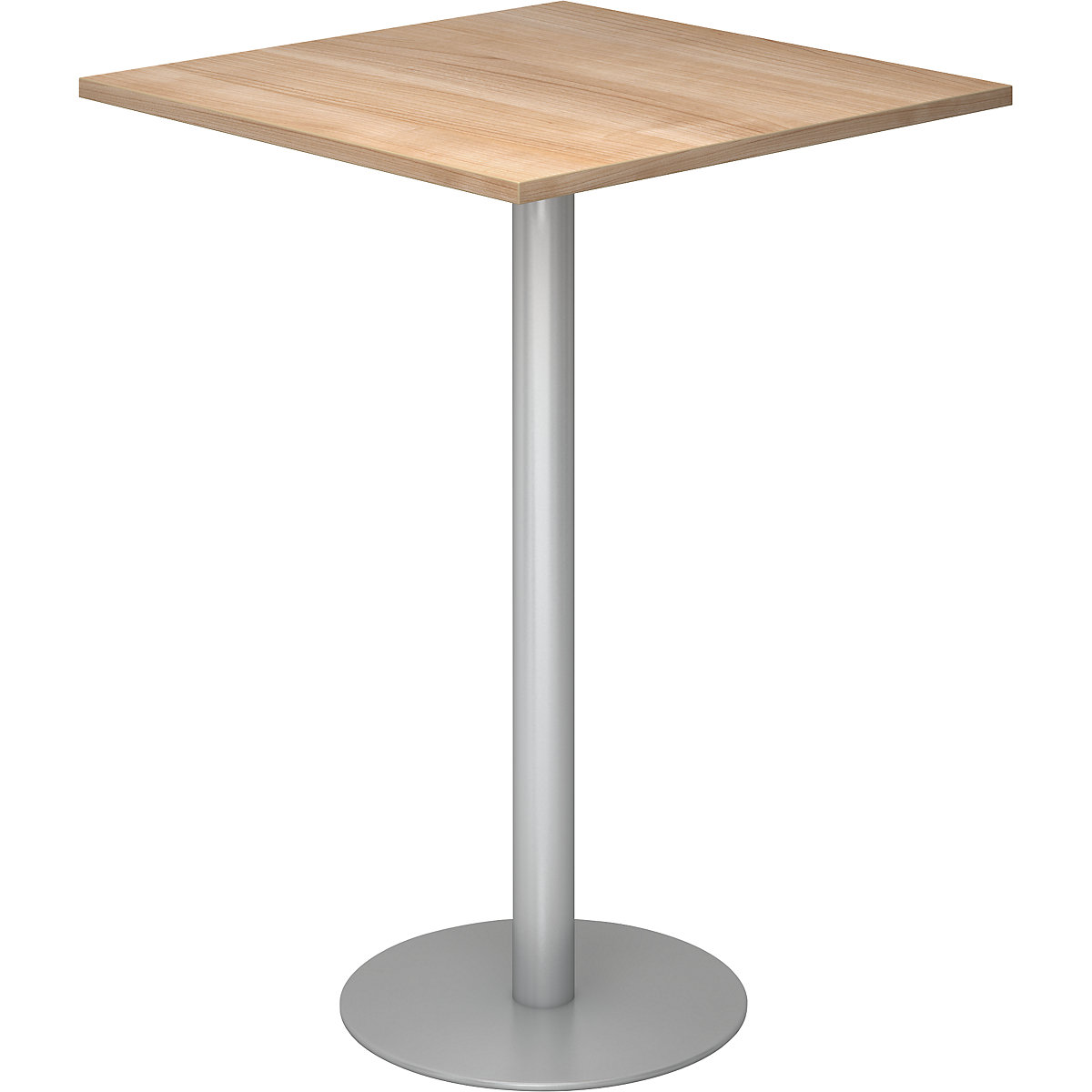 Mesa alta, CxL 800 x 800 mm, 1116 mm de altura, estrutura prateada, tampo de trabalho em imitação de nogueira-0