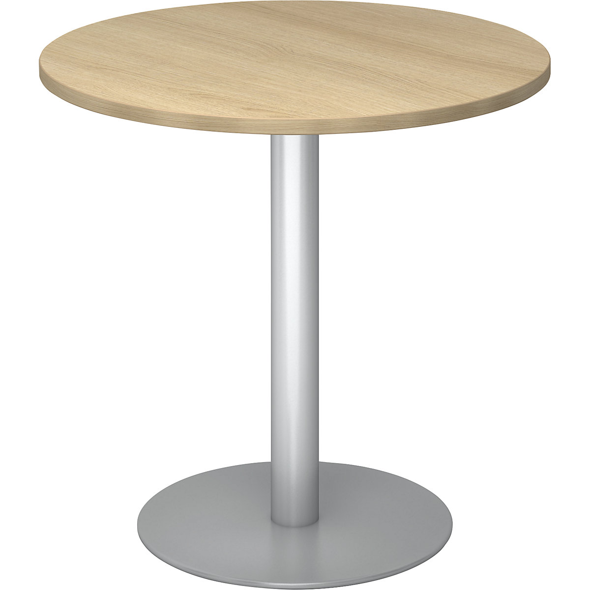 Mesa de reunião, Ø 800 mm, 755 mm de altura, estrutura prateada, tampo de trabalho em imitação de carvalho-0
