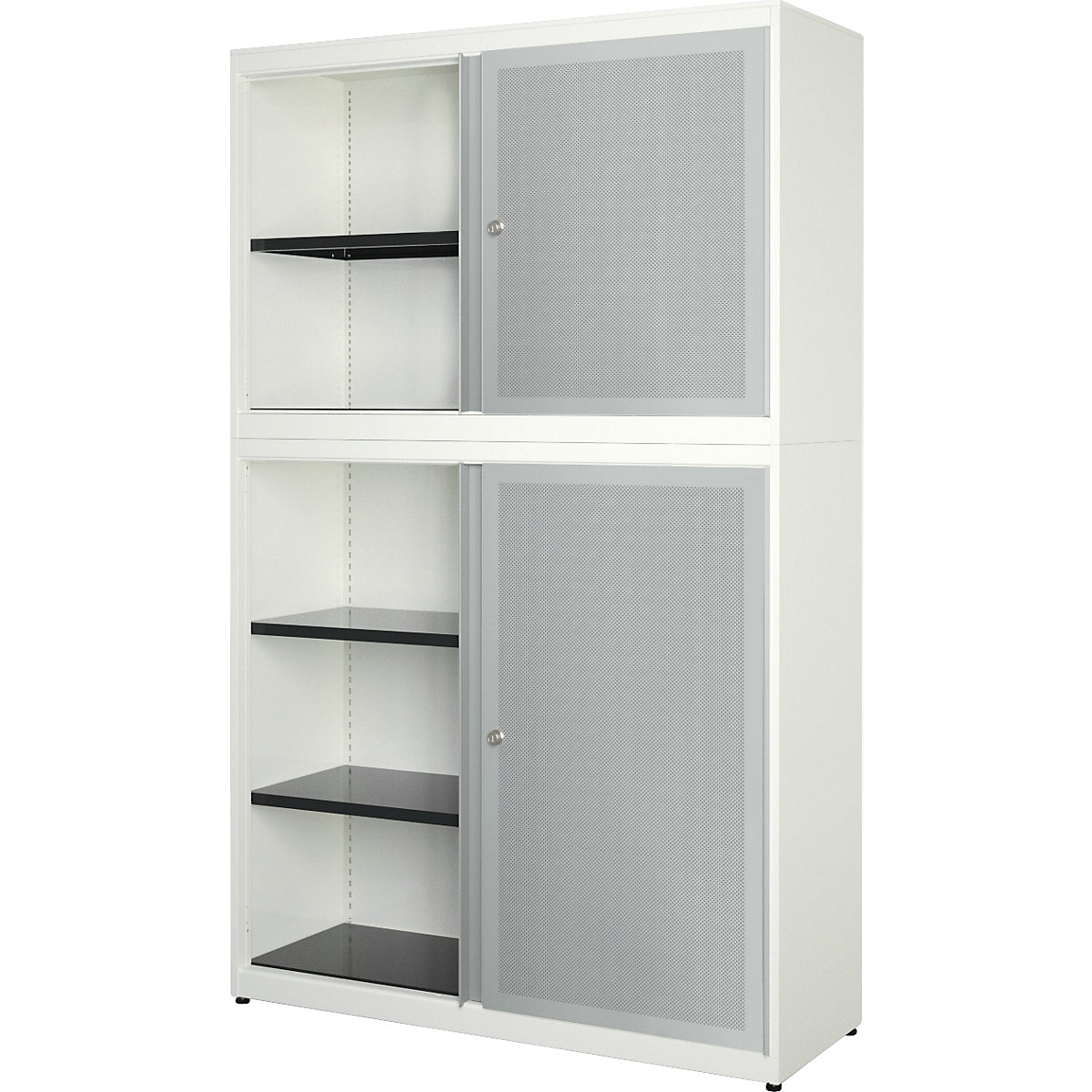 Armadio combinato ad ante scorrevoli – mauser, larghezza 1200 mm, parte anteriore con efficace assorbimento acustico, bianco puro / alluminio brillante-0