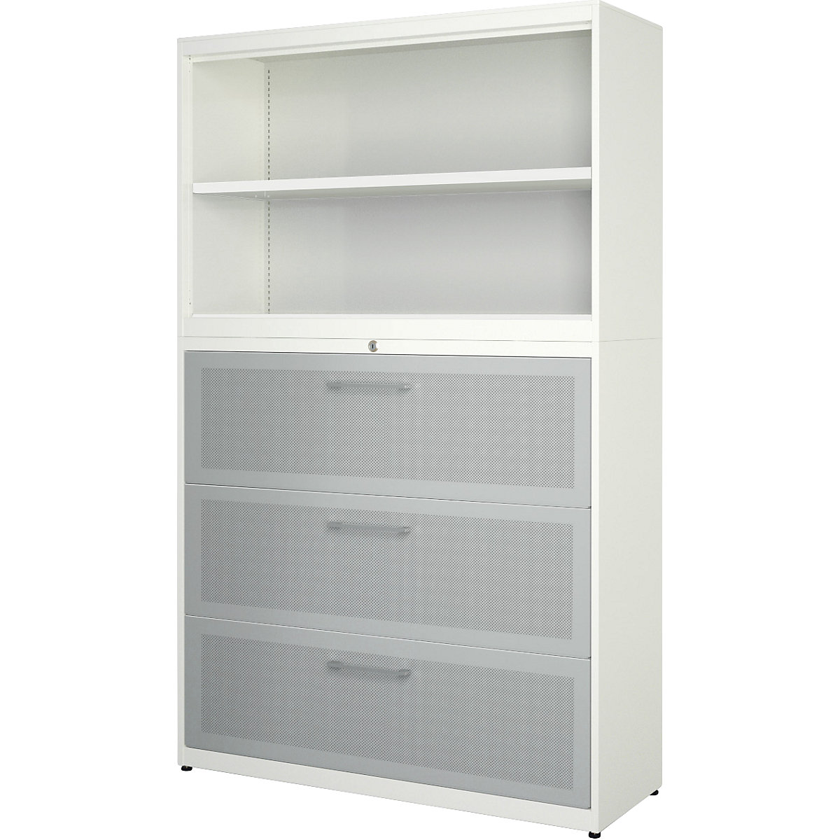 Armadio combinato con ante scorrevoli – mauser, larghezza 1200 mm, parte anteriore con efficace assorbimento acustico, bianco puro / alluminio brillante-0