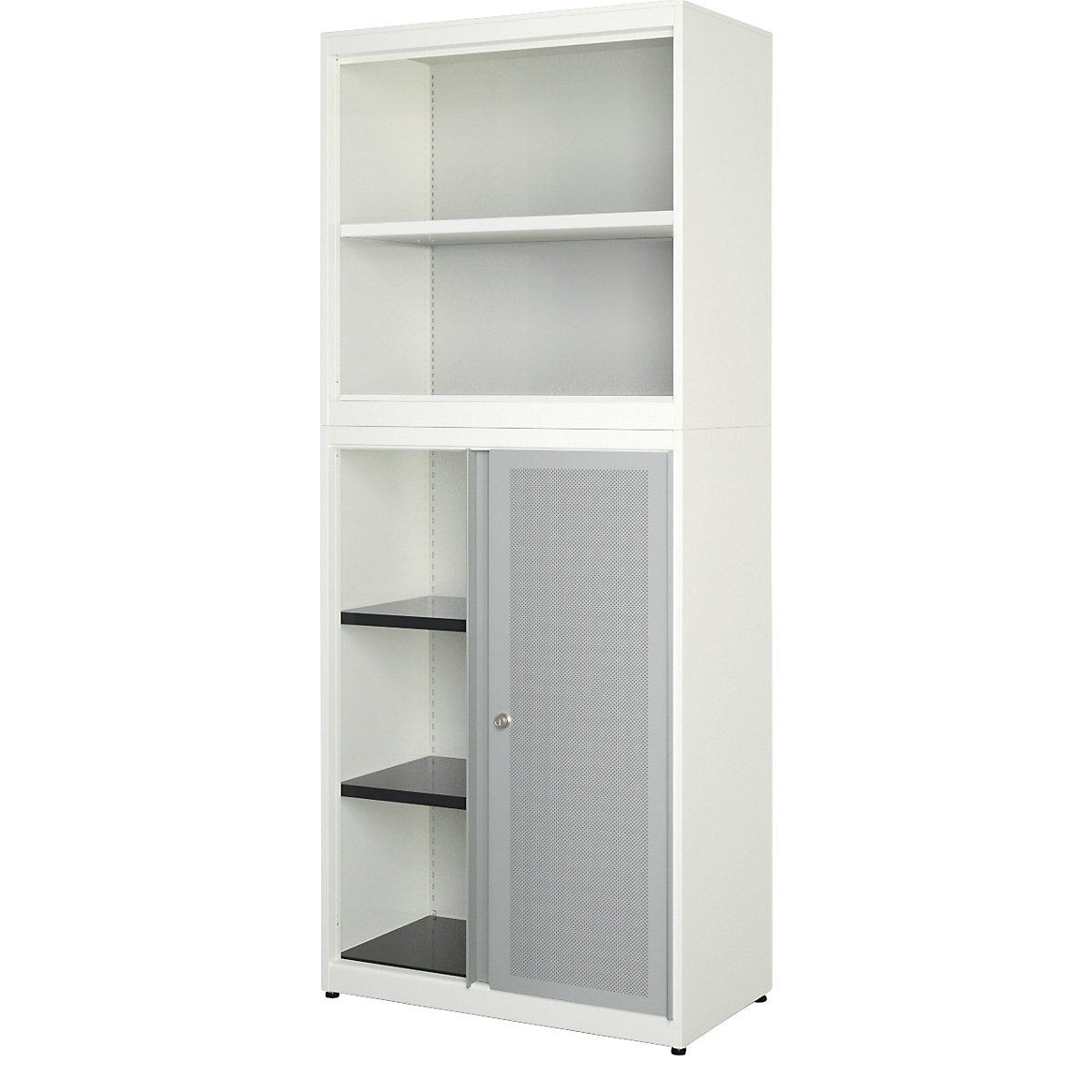 Armadio combinato con ante scorrevoli – mauser, larghezza 800 mm, parte anteriore con efficace assorbimento acustico, bianco puro / alluminio brillante-0