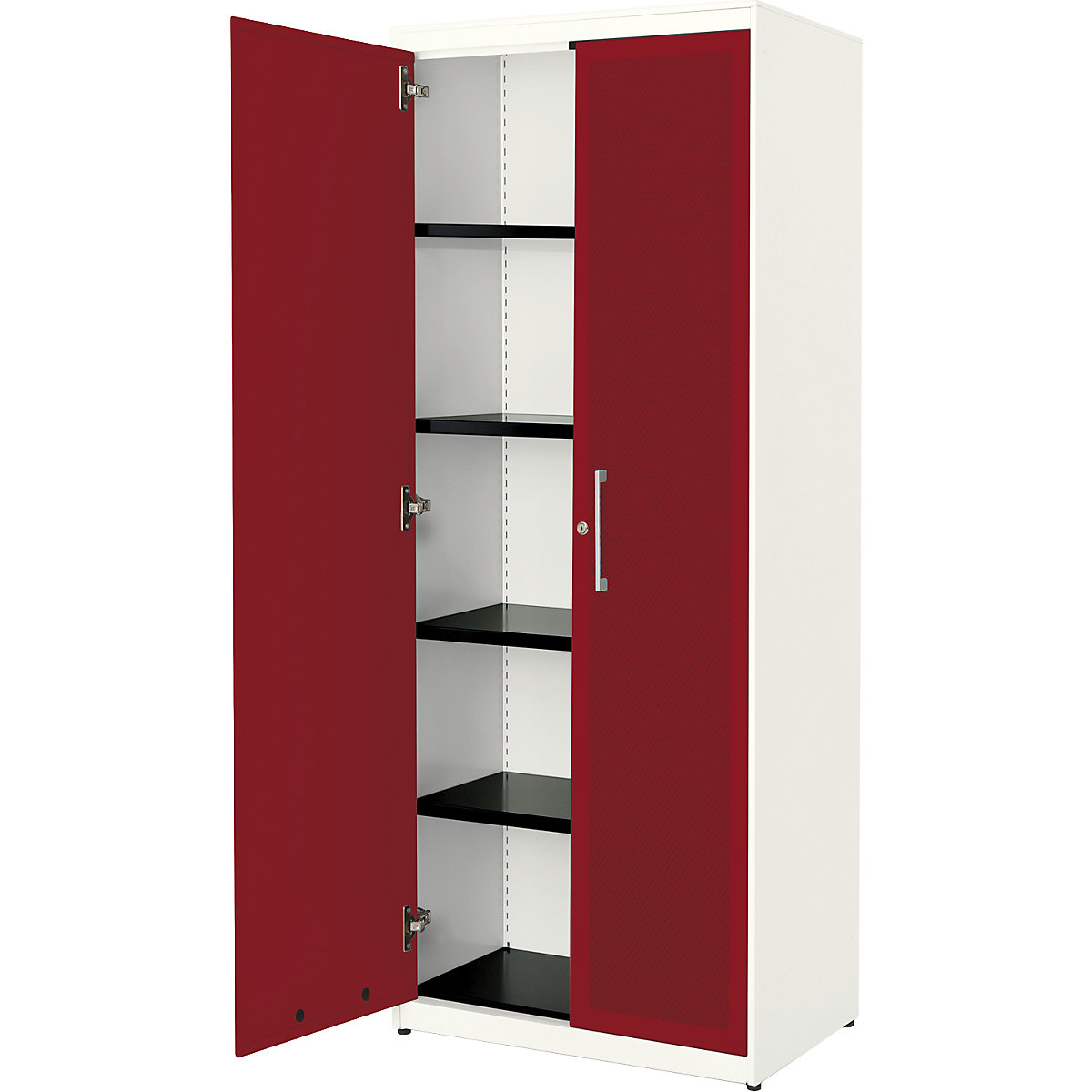 Armadio con ante a battente, con efficace assorbimento acustico – mauser, alt. x largh. x prof. 1956 x 800 x 432 mm, 4 ripiani, bianco puro / rosso rubino-0