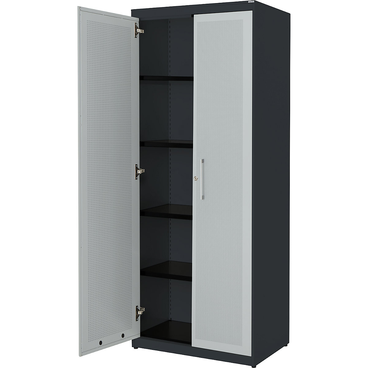 Armadio con ante a battente, con efficace assorbimento acustico – mauser, alt. x largh. x prof. 1956 x 800 x 432 mm, 4 ripiani, grigio antracite / grigio chiaro-0