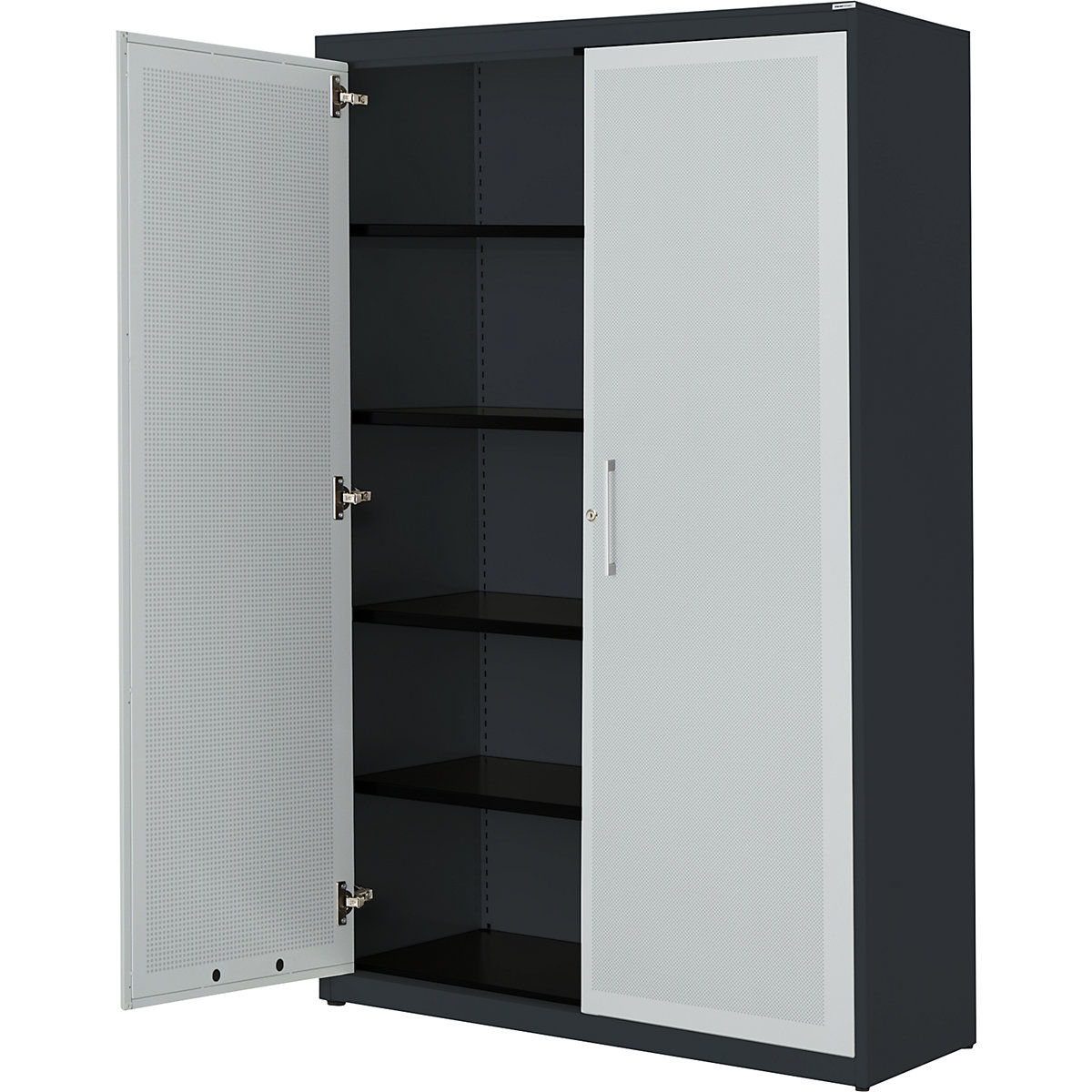 Armadio con ante a battente, con efficace assorbimento acustico – mauser, alt. x largh. x prof. 1956 x 1200 x 432 mm, 4 ripiani, grigio antracite / grigio chiaro-0