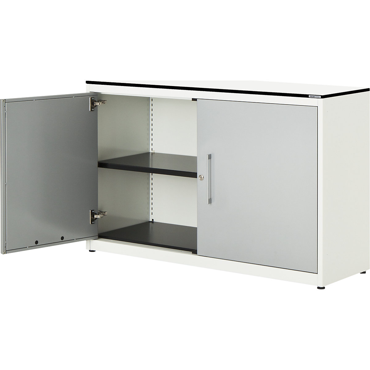 Armadio con ante a battente – mauser, alt. x largh. 818 x 1200 mm, piano in HPL con anima piena, 1 ripiano, bianco puro / alluminio brillante / bianco-0