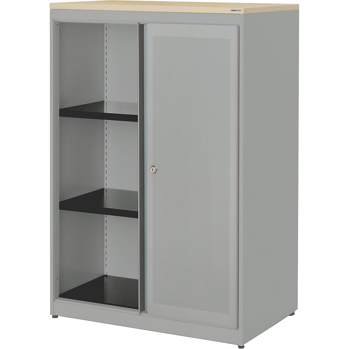 Armadio con ante scorrevoli, con efficace assorbimento acustico – mauser, pannello in plastica, alt. x largh. x prof. 1180 x 800 x 432 mm, 2 ripiani, alluminio brillante / alluminio brillante / acero-0