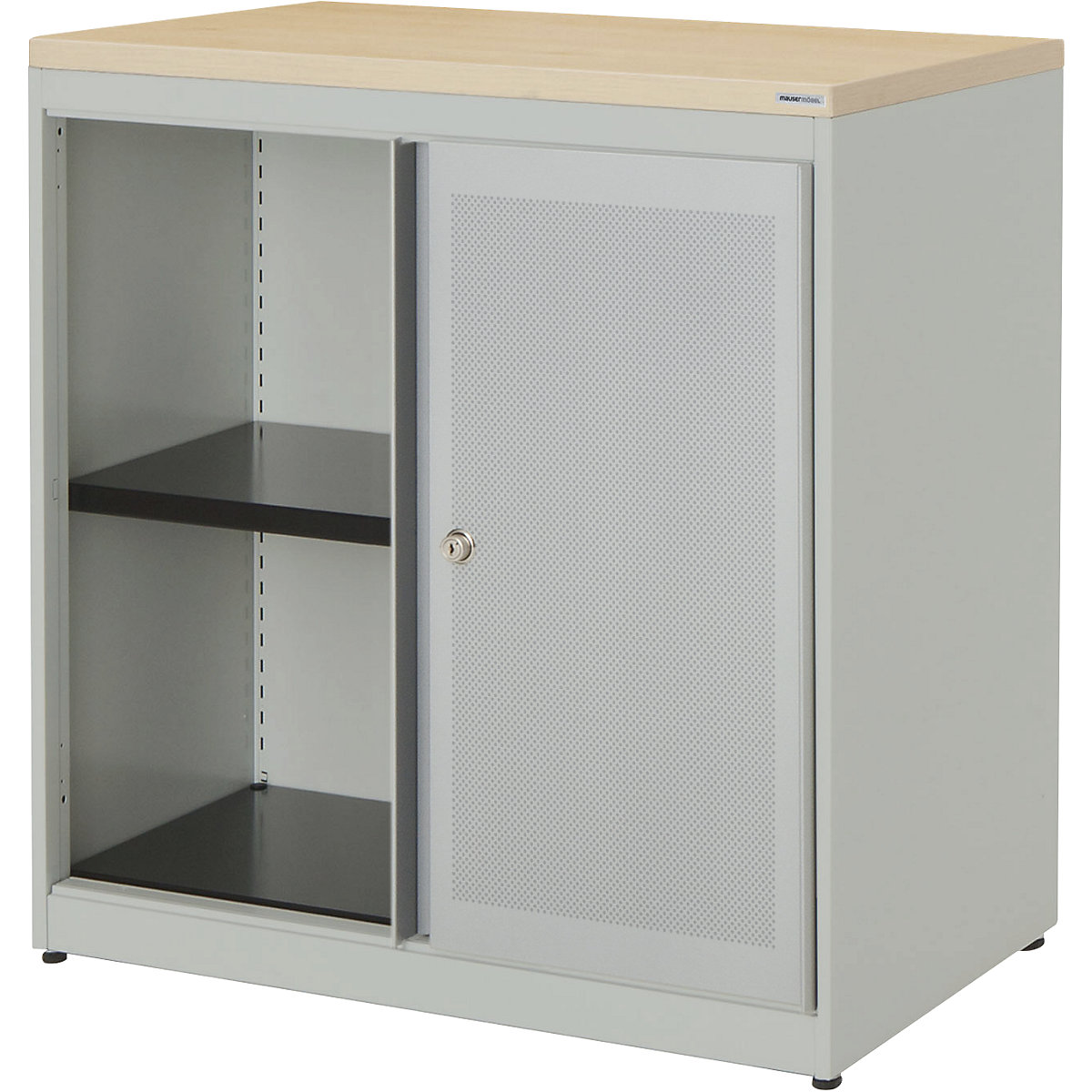 Armadio con ante scorrevoli, con efficace assorbimento acustico – mauser, pannello in plastica, alt. x largh. x prof. 830 x 800 x 432 mm, 1 ripiano, alluminio brillante / alluminio brillante / acero-0
