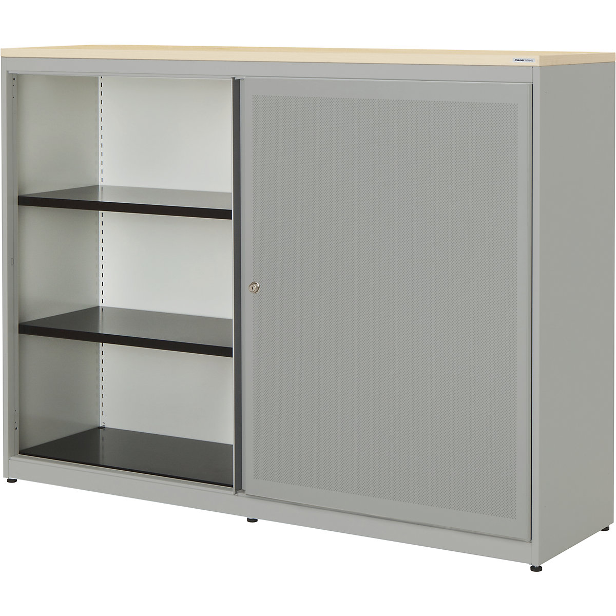 Armadio con ante scorrevoli, con efficace assorbimento acustico – mauser, pannello in plastica, alt. x largh. x prof. 1180 x 1600 x 432 mm, 2 x 2 ripiani, alluminio brillante / alluminio brillante / acero-0
