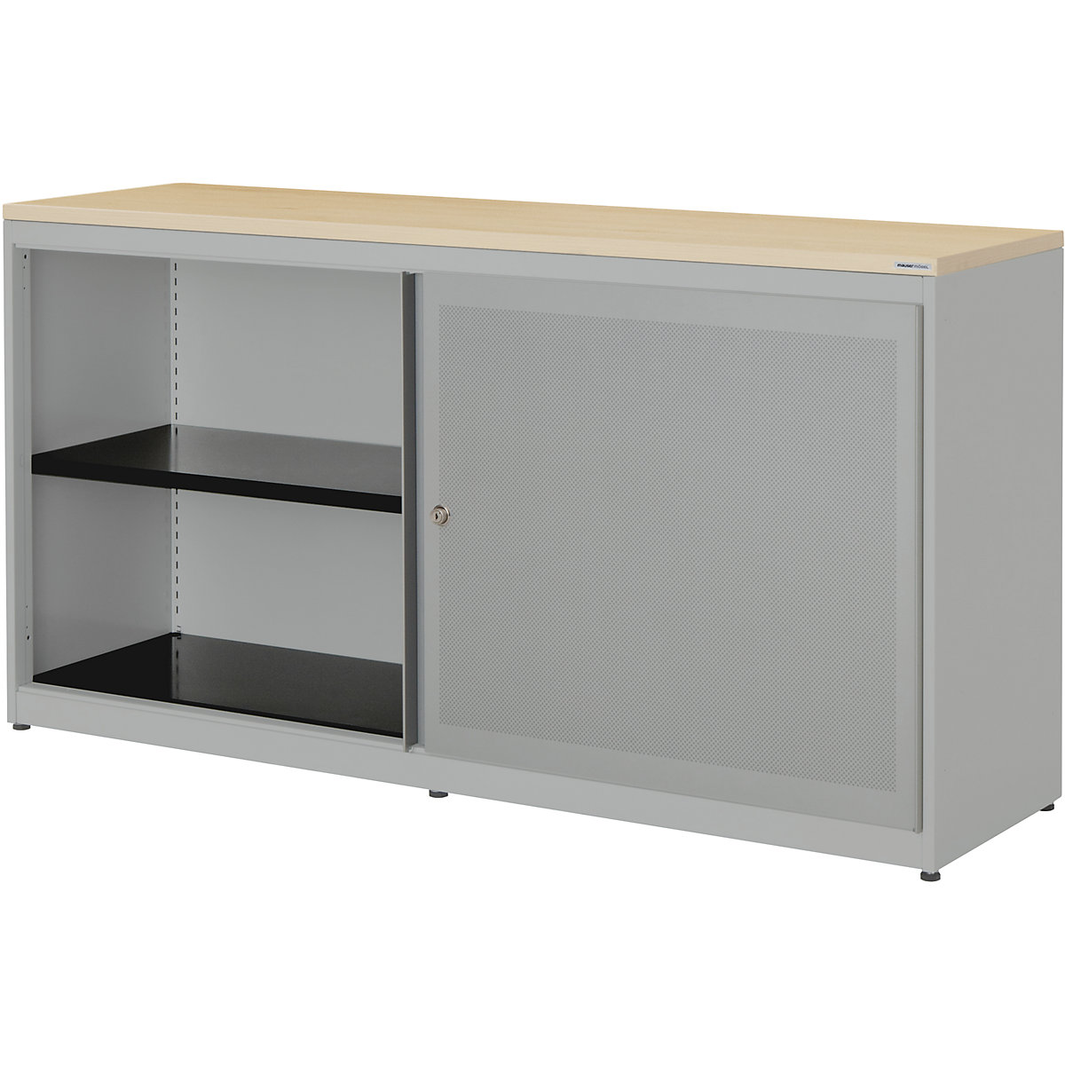 Armadio con ante scorrevoli, con efficace assorbimento acustico – mauser, pannello in plastica, alt. x largh. x prof. 830 x 1600 x 432 mm, 2 x 1 ripiano, alluminio brillante / alluminio brillante / acero-0