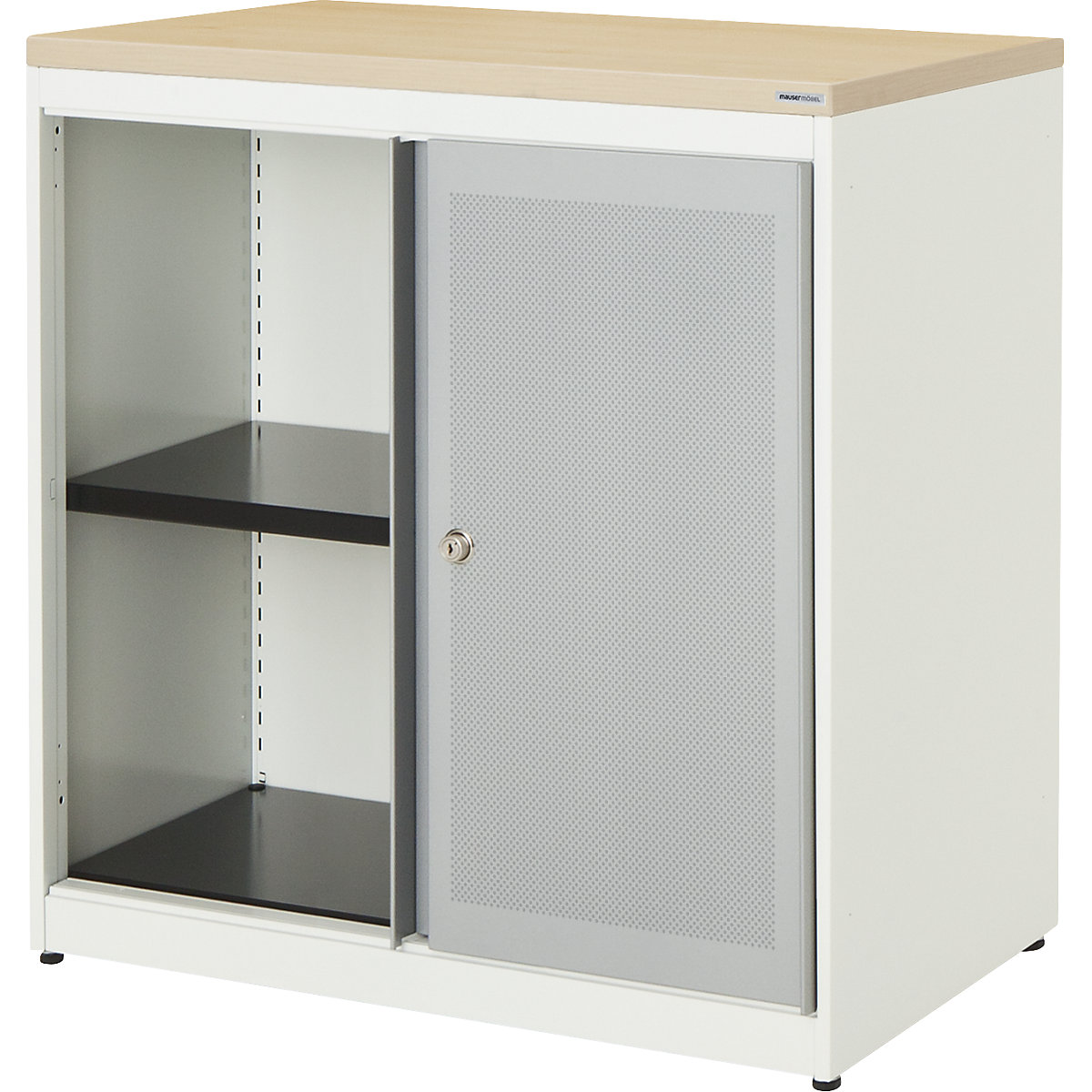 Armadio con ante scorrevoli, con efficace assorbimento acustico – mauser, pannello in plastica, alt. x largh. x prof. 830 x 800 x 432 mm, 1 ripiano, bianco puro / alluminio brillante / acero-0