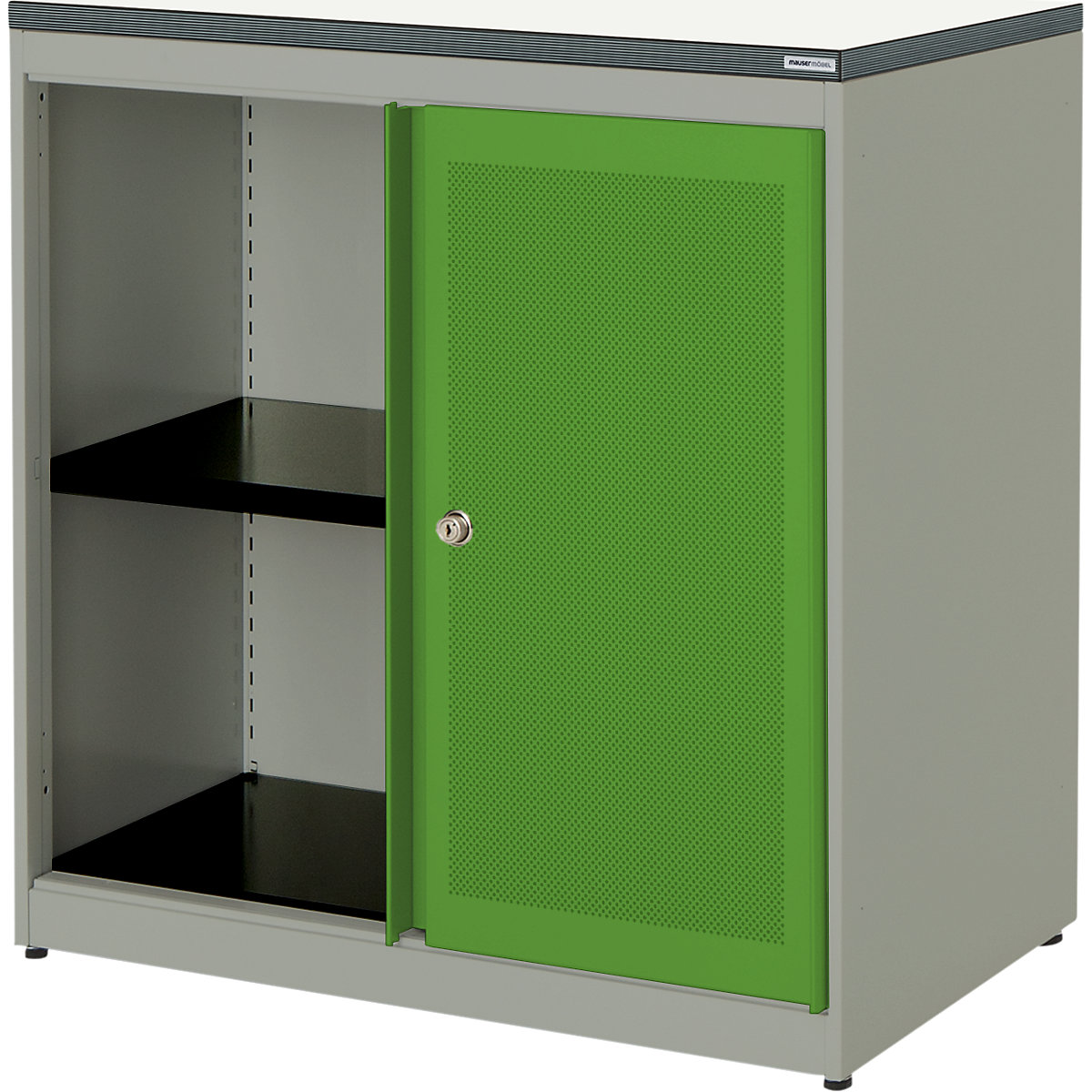 Armadio con ante scorrevoli, con efficace assorbimento acustico – mauser, pannello in plastica, alt. x largh. x prof. 830 x 800 x 432 mm, 1 ripiano, alluminio brillante / verde limone / bianco-0