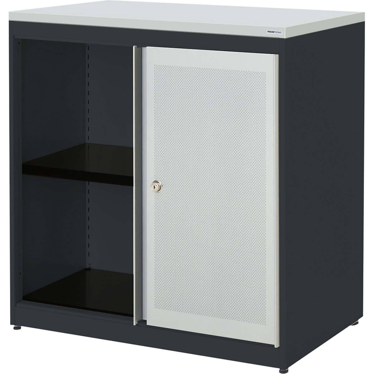 Armadio con ante scorrevoli, con efficace assorbimento acustico – mauser, pannello in plastica, alt. x largh. x prof. 830 x 800 x 432 mm, 1 ripiano, grigio antracite / grigio chiaro / grigio chiaro-0