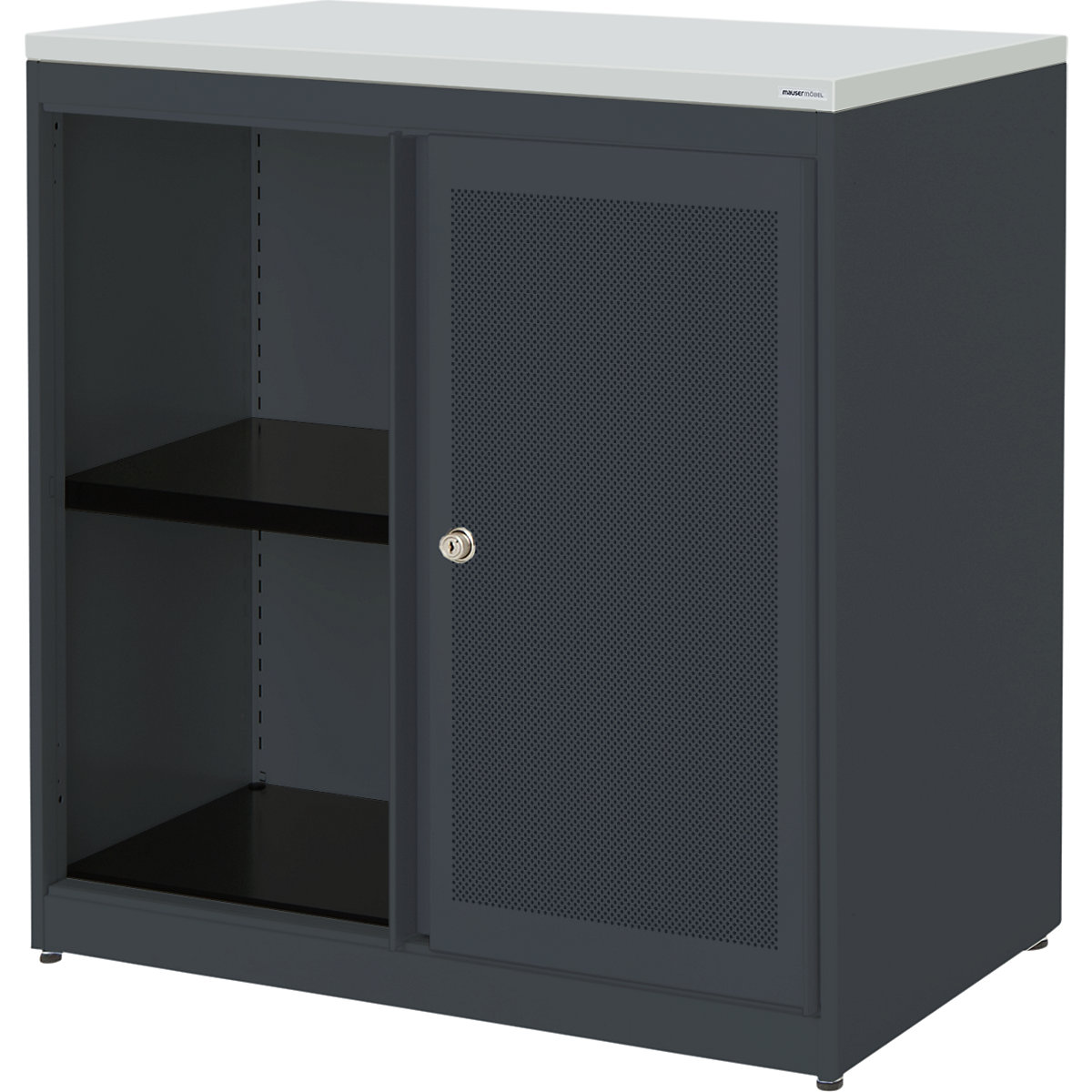 Armadio con ante scorrevoli, con efficace assorbimento acustico – mauser, pannello in plastica, alt. x largh. x prof. 830 x 800 x 432 mm, 1 ripiano, grigio antracite / grigio antracite / grigio chiaro-0