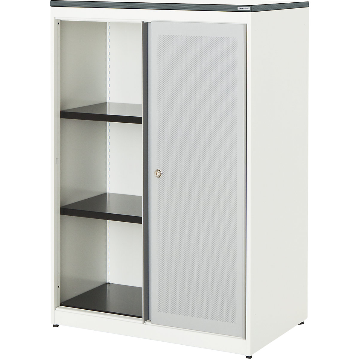 Armadio con ante scorrevoli, con efficace assorbimento acustico – mauser, pannello in plastica, alt. x largh. x prof. 1180 x 800 x 432 mm, 2 ripiani, bianco puro / alluminio brillante / bianco-0