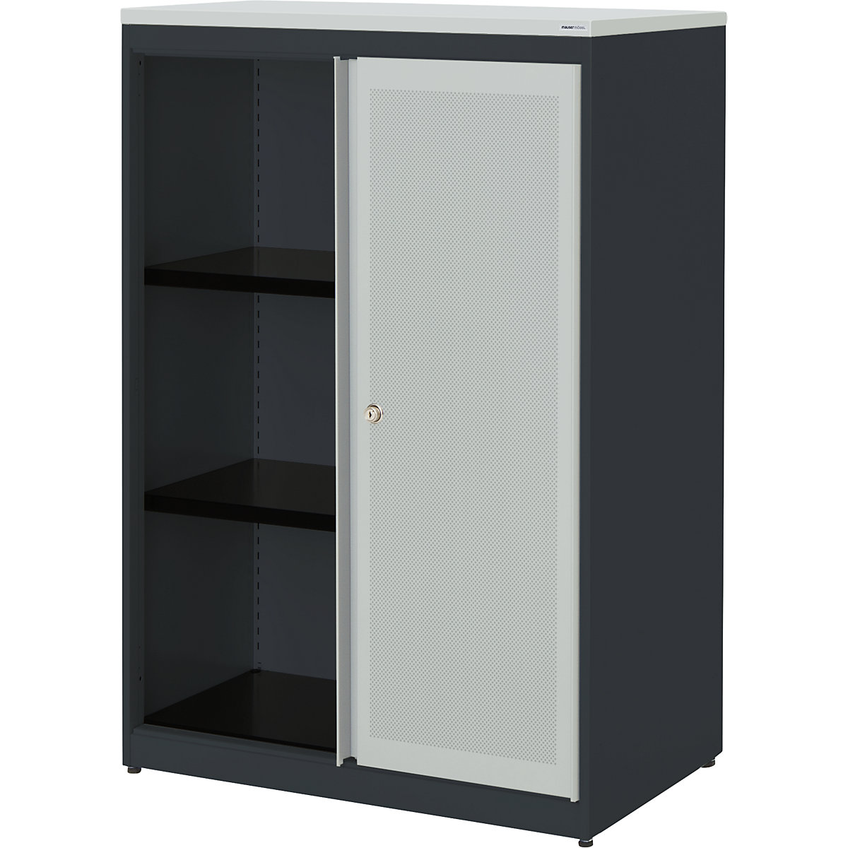 Armadio con ante scorrevoli, con efficace assorbimento acustico – mauser, pannello in plastica, alt. x largh. x prof. 1180 x 800 x 432 mm, 2 ripiani, grigio antracite / grigio chiaro / grigio chiaro-0