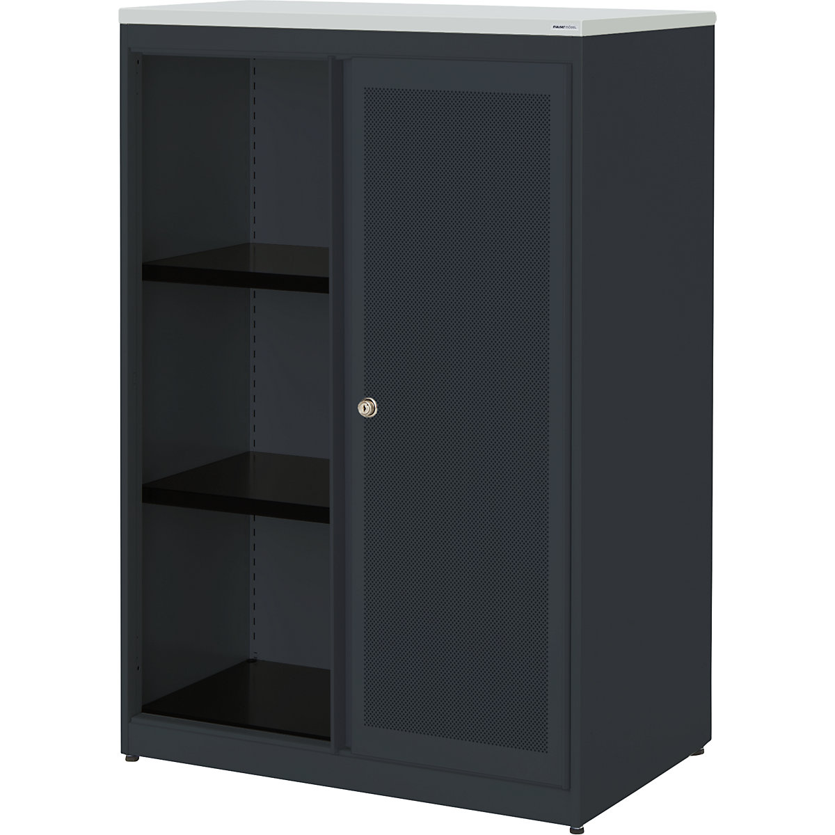 Armadio con ante scorrevoli, con efficace assorbimento acustico – mauser, pannello in plastica, alt. x largh. x prof. 1180 x 800 x 432 mm, 2 ripiani, grigio antracite / grigio antracite / grigio chiaro-0