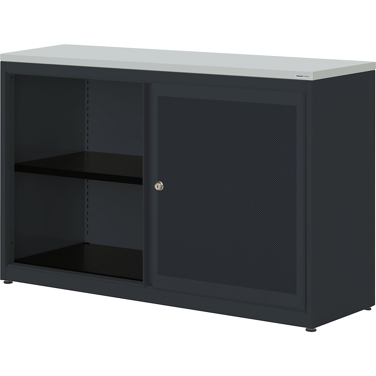 Armadio con ante scorrevoli, con efficace assorbimento acustico – mauser, pannello in plastica, alt. x largh. x prof. 830 x 1200 x 432 mm, 1 ripiano, grigio antracite / grigio antracite / grigio chiaro-0