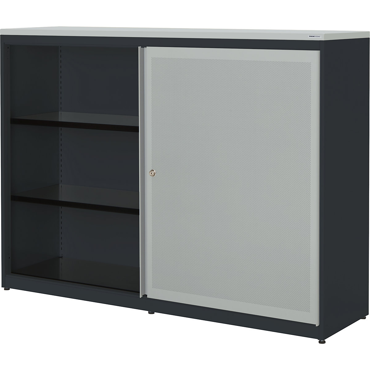 Armadio con ante scorrevoli, con efficace assorbimento acustico – mauser, pannello in plastica, alt. x largh. x prof. 1180 x 1600 x 432 mm, 2 x 2 ripiani, grigio antracite / grigio chiaro / grigio chiaro-0