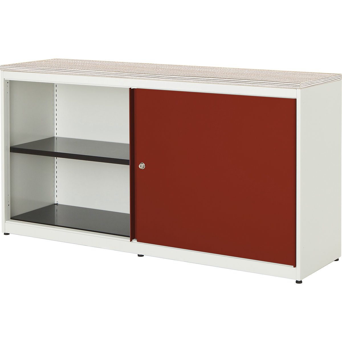 Armadio con ante scorrevoli – mauser, alt. x largh. x prof. 830 x 1600 x 432 mm, pannello in plastica, 2 x 1 ripiano, bianco puro / rosso rubino / larice di montagna-0