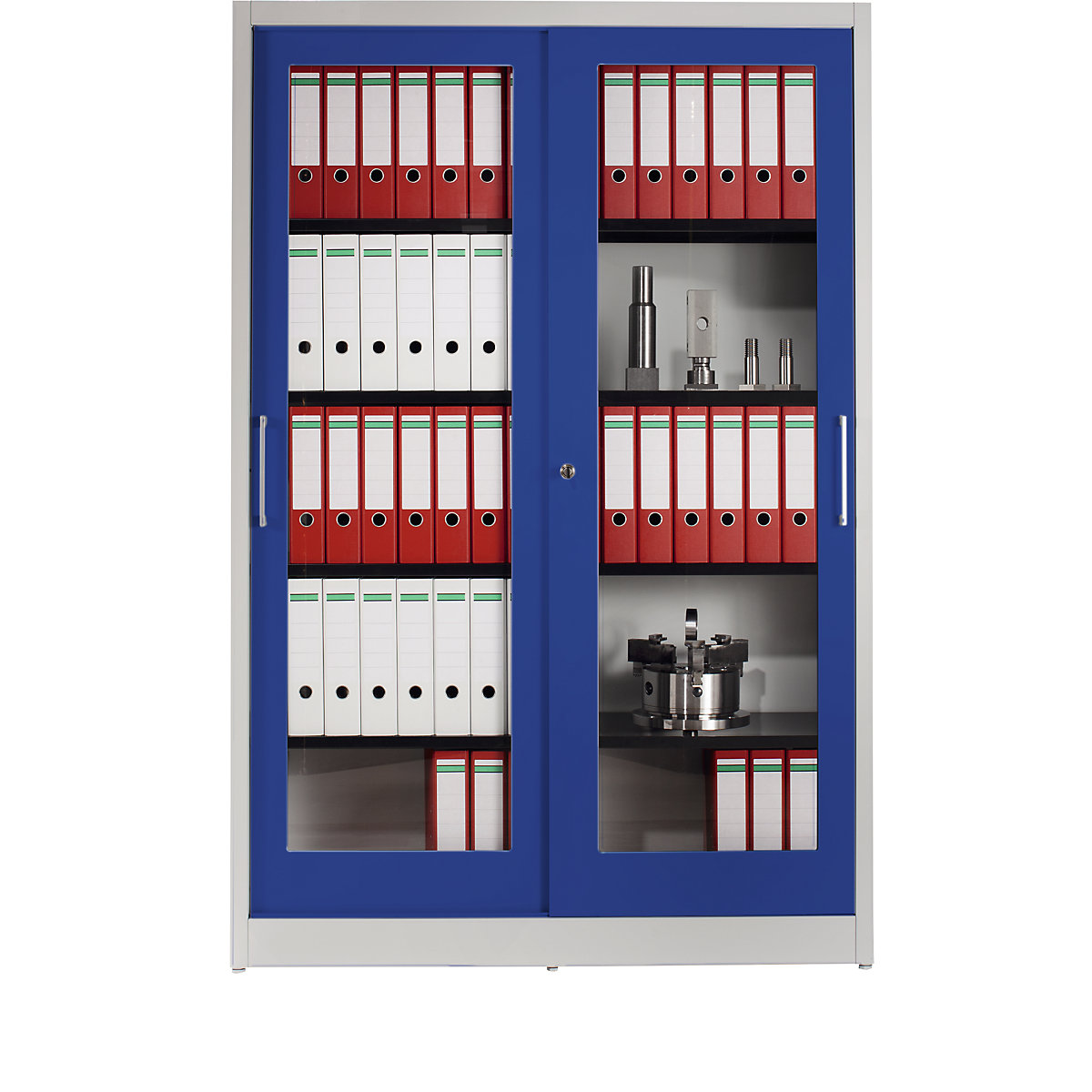 Armadio con ante scorrevoli – mauser, con ante in vetro, 4 ripiani, alt. x largh. x prof. 1965 x 1200 x 500 mm, grigio chiaro / blu oltremare-0