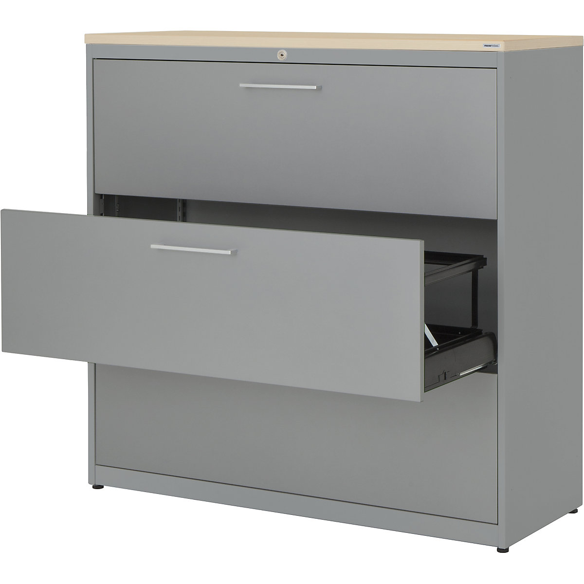 Classificatore per cartelle sospese – mauser, pannello in plastica, 3 ripiani estraibili a 3 corsie, con ammortizzatori, alluminio brillante / alluminio brillante / acero-0