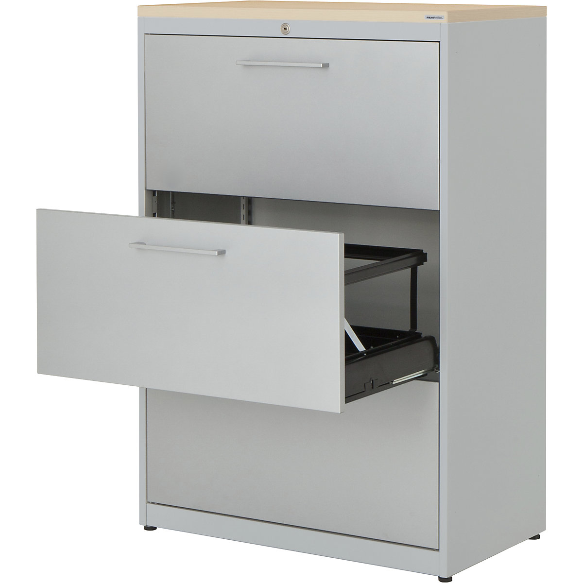 Classificatore per cartelle sospese – mauser, pannello in plastica, 3 ripiani estraibili a 2 corsie, con ammortizzatori, alluminio brillante / alluminio brillante / acero-0