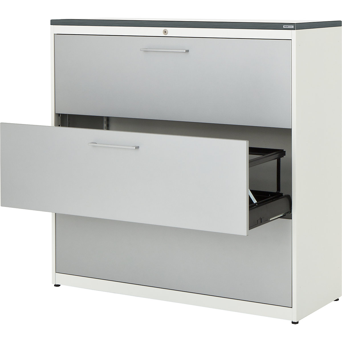 Classificatore per cartelle sospese – mauser, pannello in plastica, 3 ripiani estraibili a 3 corsie, con ammortizzatori, bianco puro / alluminio brillante / bianco-0