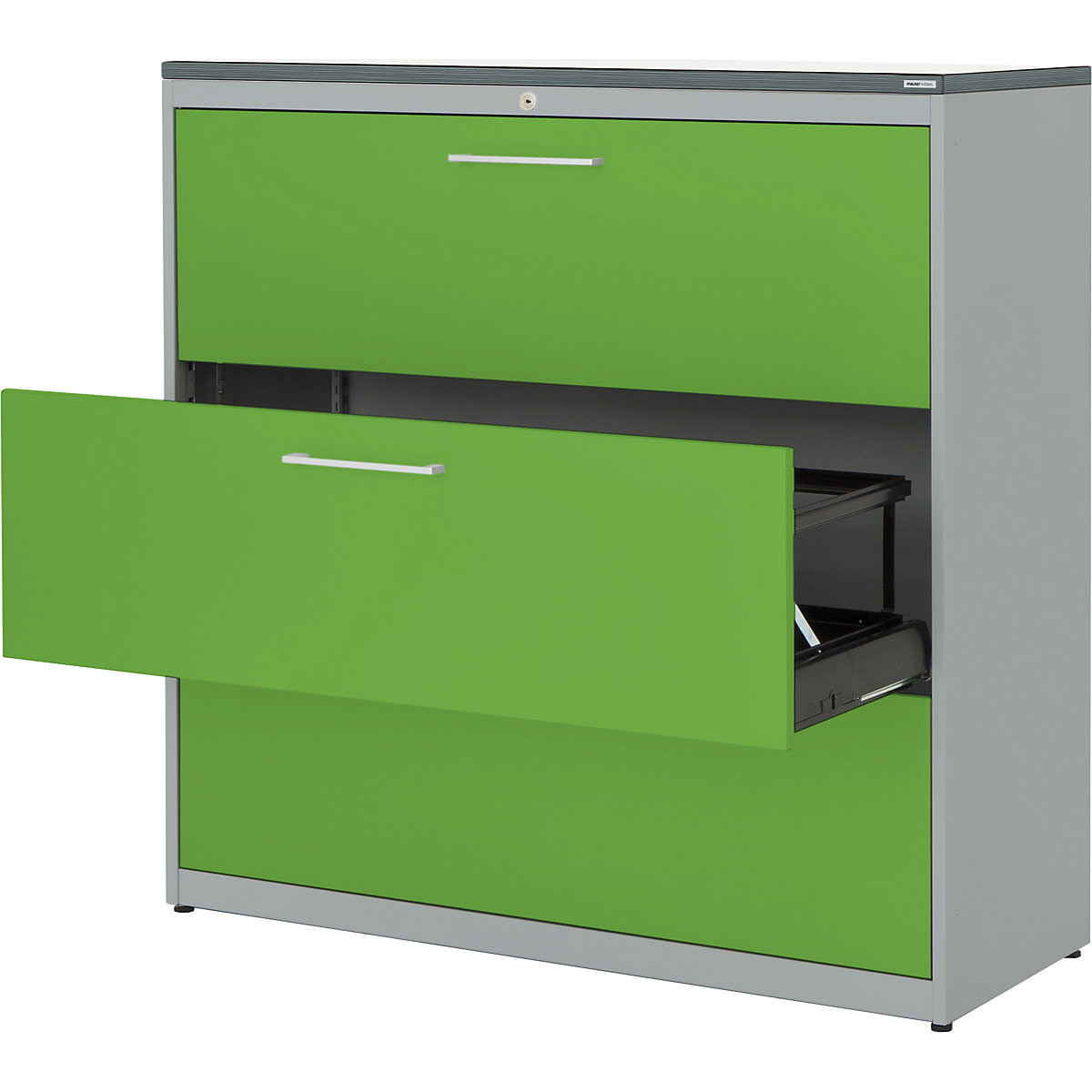 Classificatore per cartelle sospese – mauser, pannello in plastica, 3 ripiani estraibili a 3 corsie, con ammortizzatori, alluminio brillante / verde limone / bianco-0