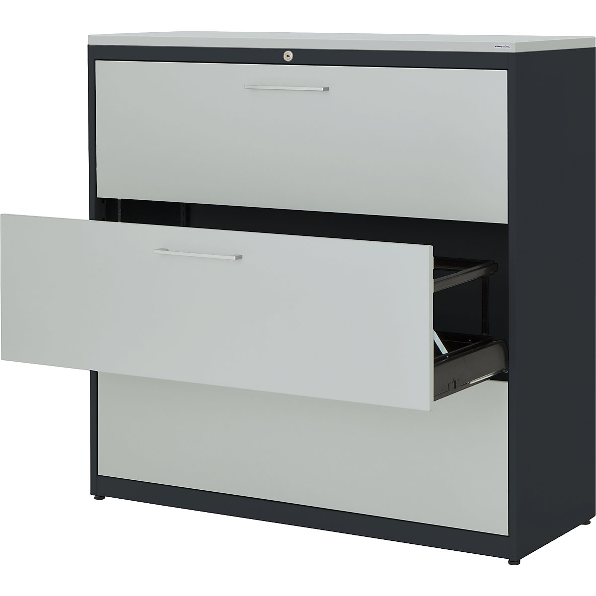 Classificatore per cartelle sospese – mauser, pannello in plastica, 3 ripiani estraibili a 3 corsie, con ammortizzatori, grigio antracite / grigio chiaro / grigio chiaro-0