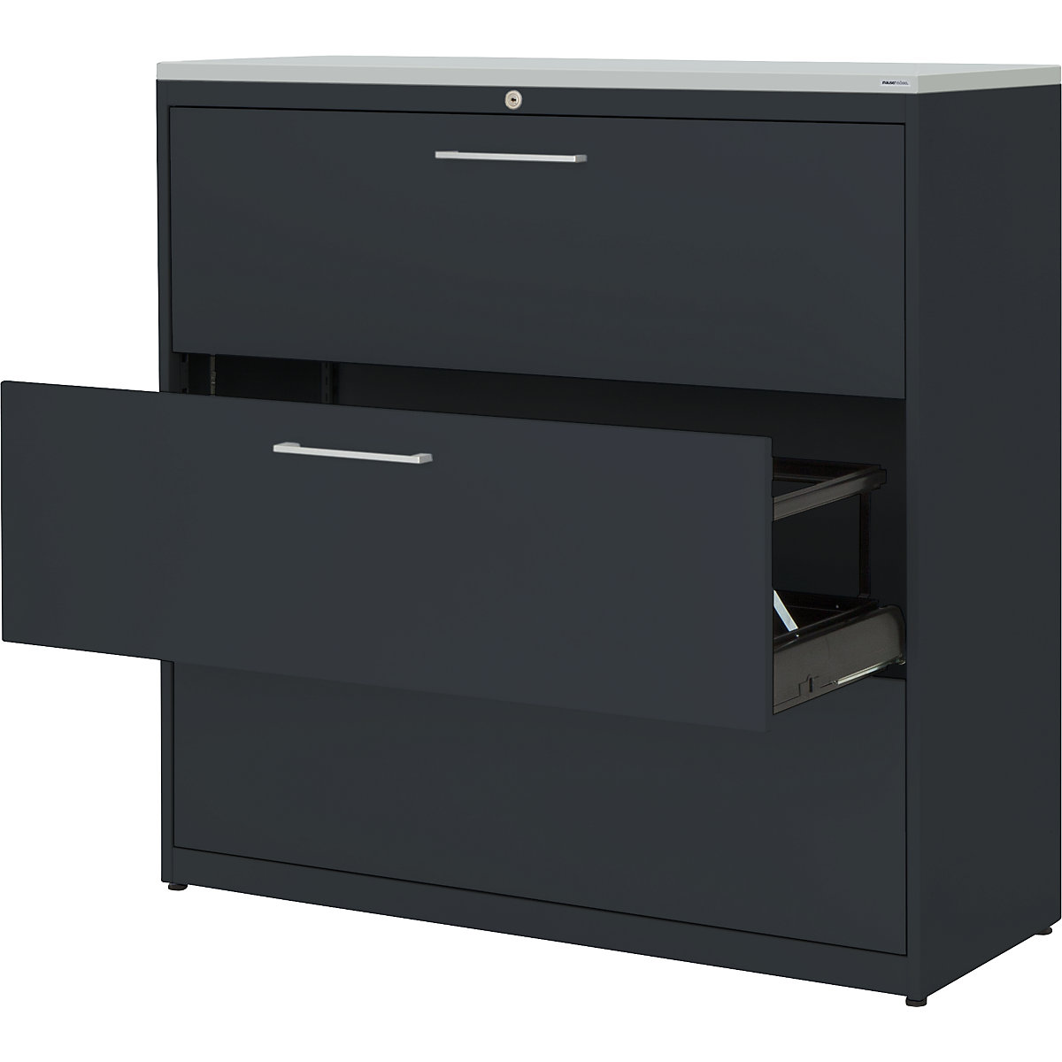 Classificatore per cartelle sospese – mauser, pannello in plastica, 3 ripiani estraibili a 3 corsie, con ammortizzatori, grigio antracite / grigio antracite / grigio chiaro-0