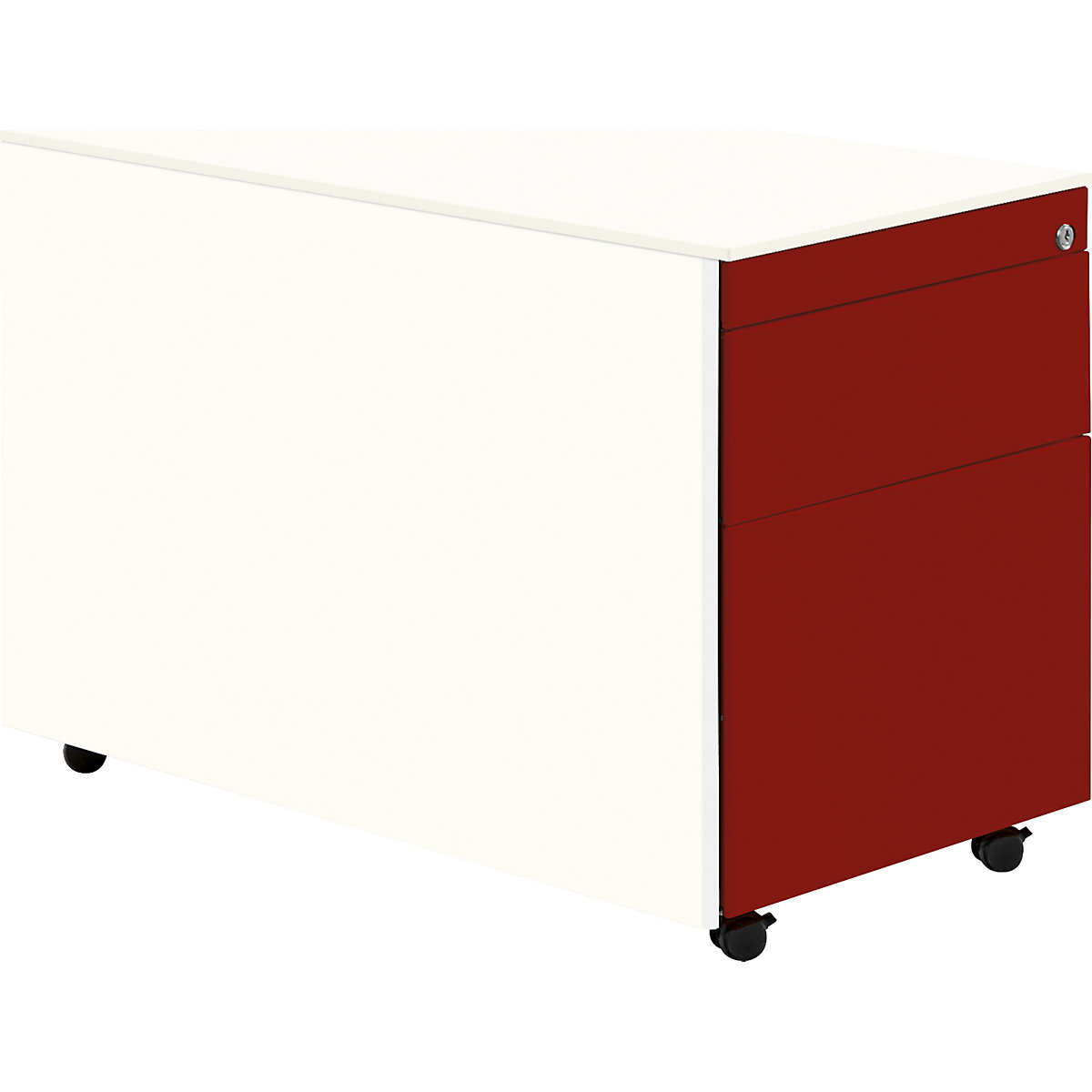 Cassettiera con rotelle – mauser, alt. x prof. 570 x 800 mm, 1 cassetto portamateriale, 1 supporto per cartelle sospese, bianco puro / rosso rubino / bianco puro-0