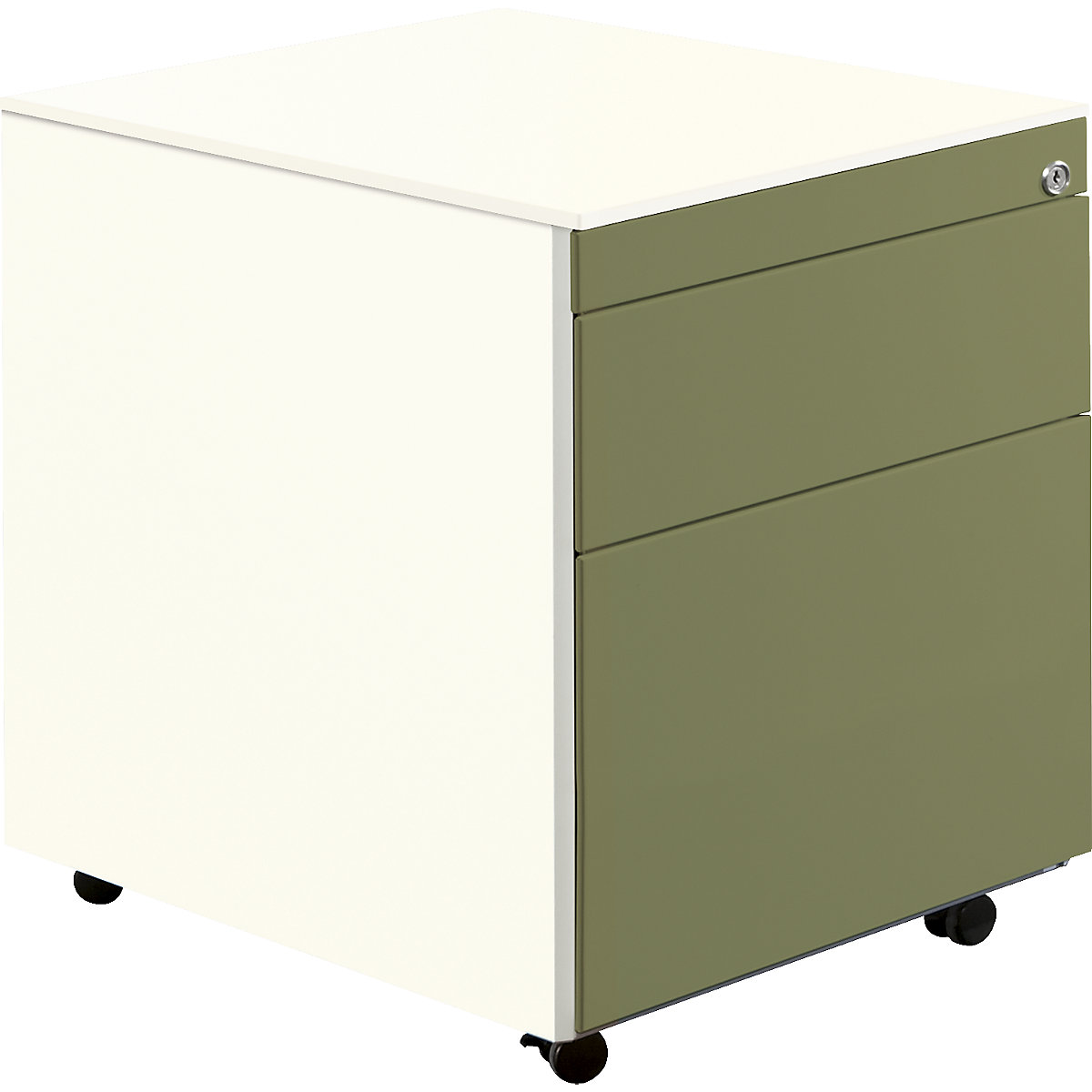 Cassettiera con rotelle – mauser, alt. x prof. 570 x 600 mm, 1 cassetto portamateriale, 1 supporto per cartelle sospese, bianco puro / verde canna / bianco puro-0