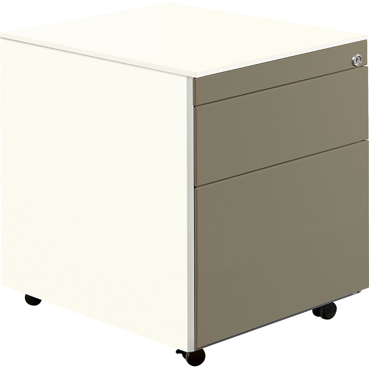 Cassettiera con rotelle – mauser, alt. x prof. 570 x 600 mm, 1 cassetto portamateriale, 1 supporto per cartelle sospese, bianco puro / grigio beige / bianco puro-0