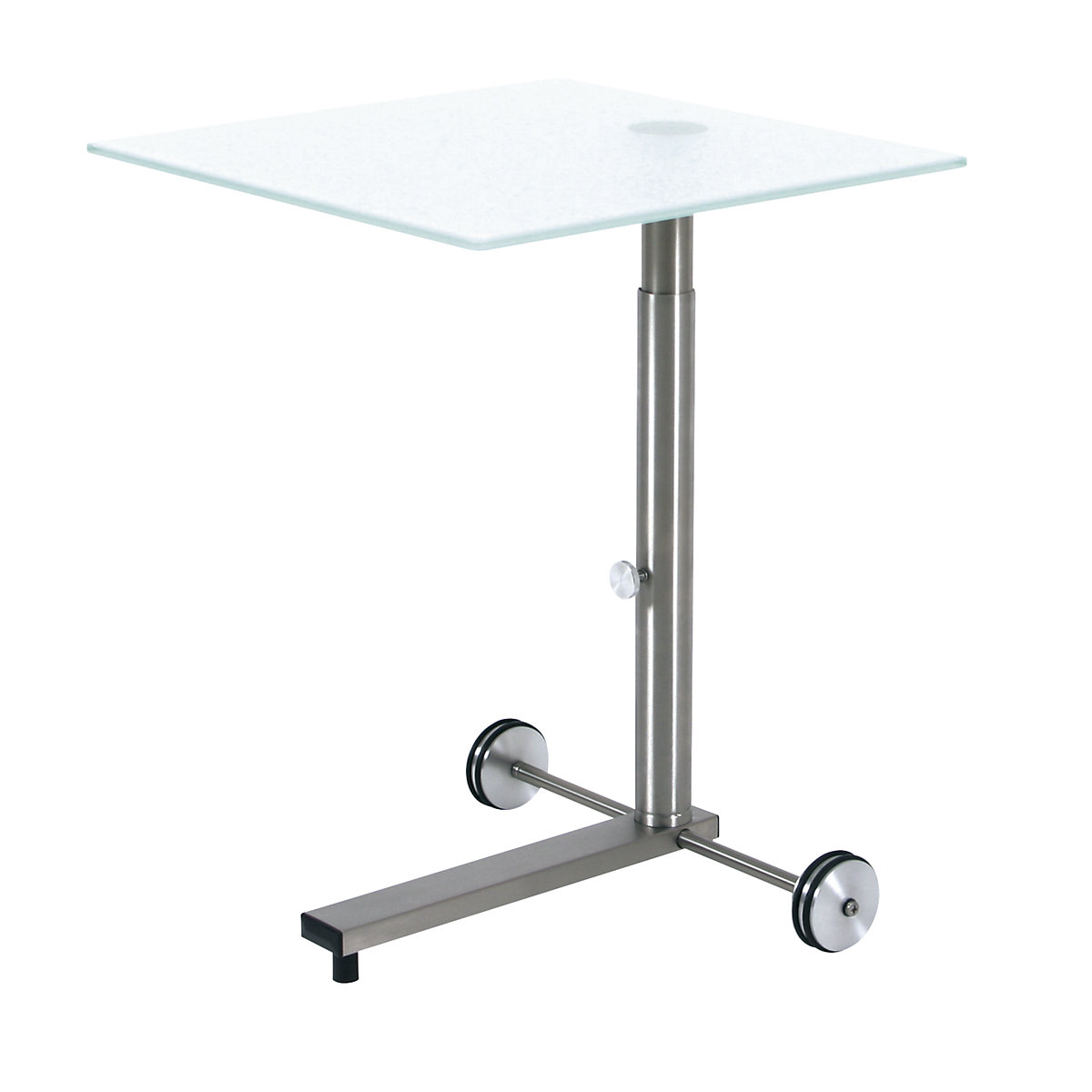 Tavolino, con rotelle, lungh. x largh. 450 x 450 mm, altezza 485 – 650 mm, piano in vetro satinato-0