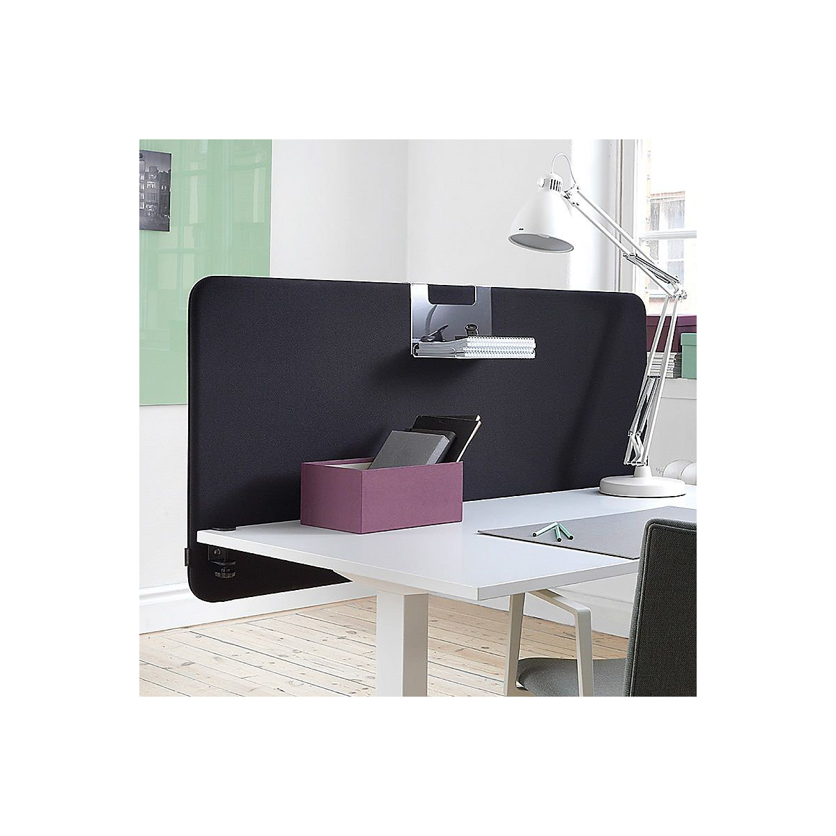 Divisorio fonoassorbente da scrivania standard con angoli arrotondati, altezza 650 mm, tessuto, larghezza 1200 mm, nero-3