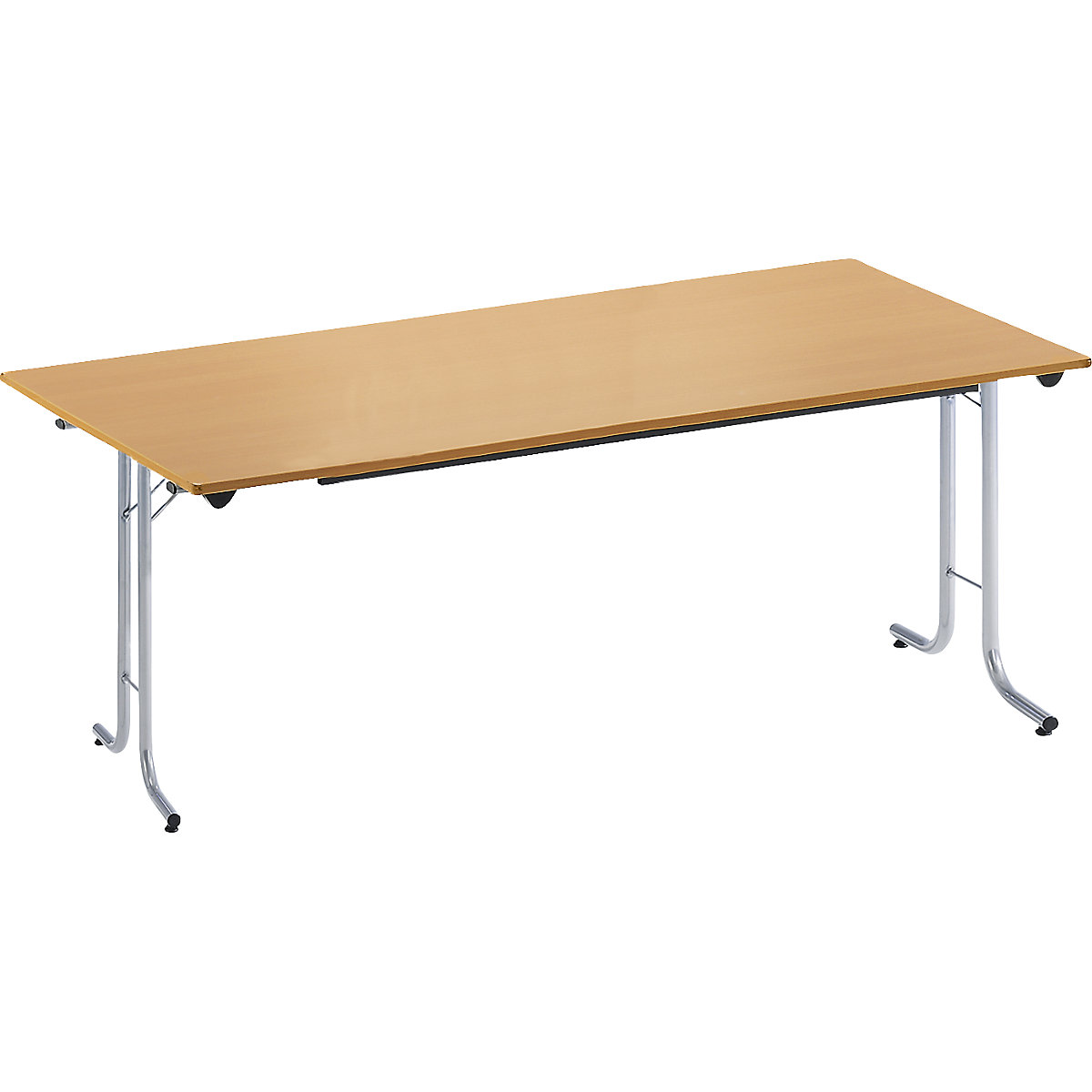 Tavolo pieghevole, con bordi smussati, telaio in tubi tondi, piano di forma rettangolare, 1600 x 700 mm, telaio color alluminio, piano in simil-faggio-0
