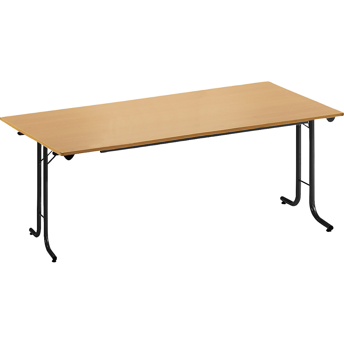 Tavolo pieghevole, con bordi smussati, telaio in tubi tondi, piano di forma rettangolare, 1600 x 700 mm, telaio nero, piano in simil-faggio-0