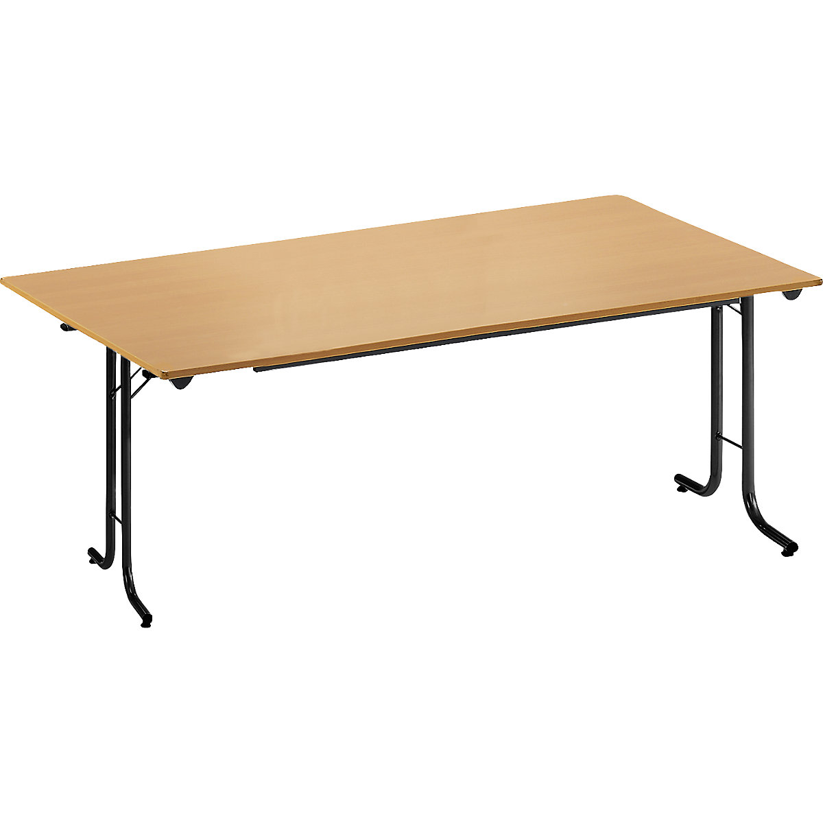 Tavolo pieghevole, con bordi smussati, telaio in tubi tondi, piano di forma rettangolare, 1600 x 800 mm, telaio nero, piano in simil-faggio-0