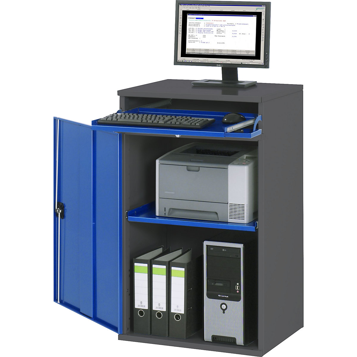 Stație de lucru pentru calculator – RAU, carcasă dulap cu 1 poliță extensibilă, lățime 650 mm, antracit / albastru gențiană-0