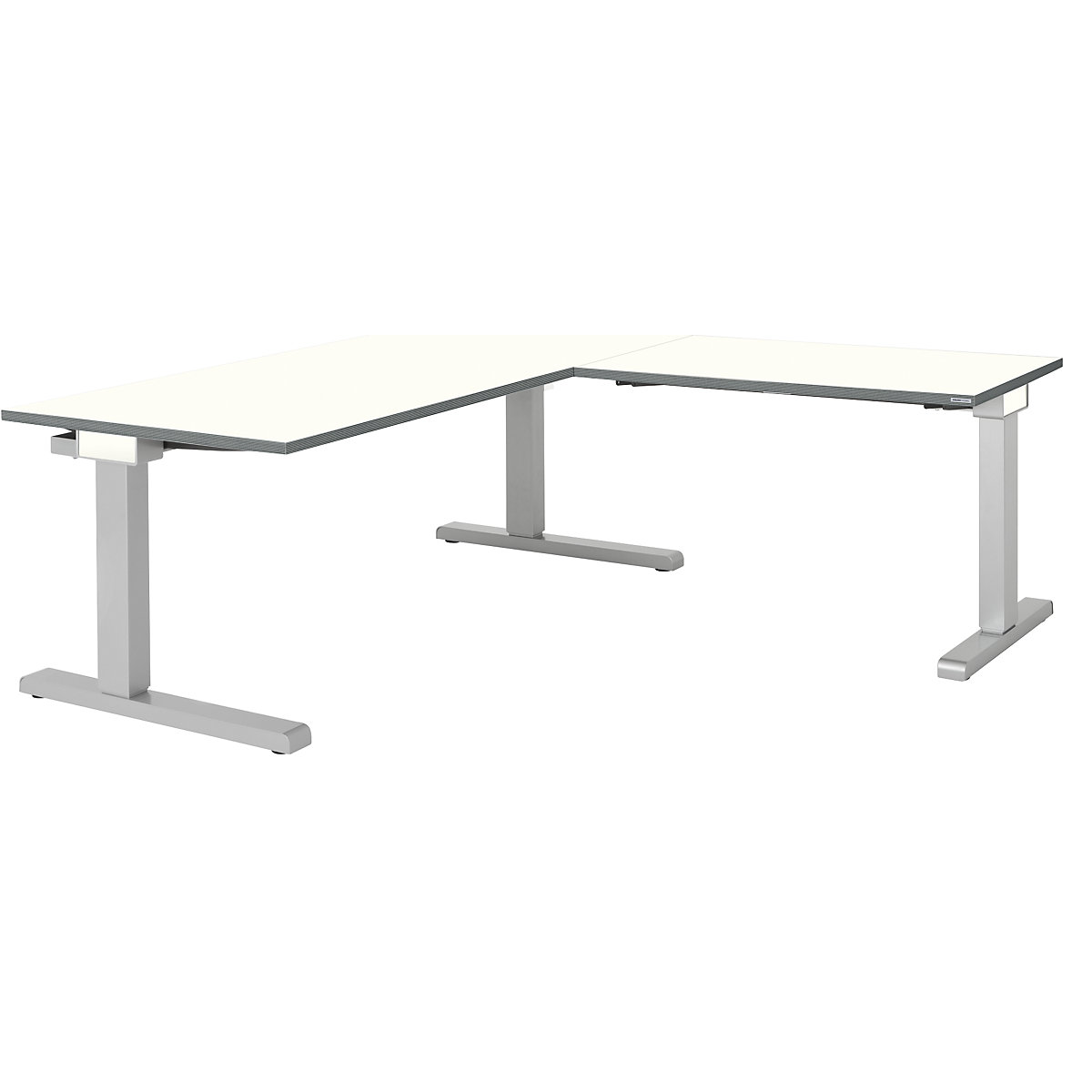 mauser – Stație de lucru în picioare, interconectată, lățime 1600 mm, extensie birou dreapta, blat alb, cadru argintiu aluminiu