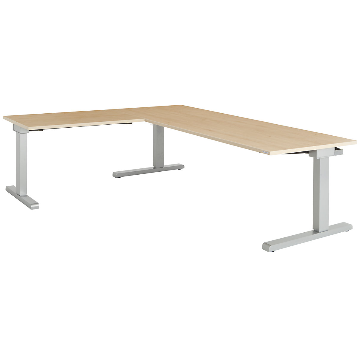 mauser – Stație de lucru în picioare, interconectată, lățime 2000 mm, extensie birou stânga, blat decor arțar, cadru argintiu aluminiu