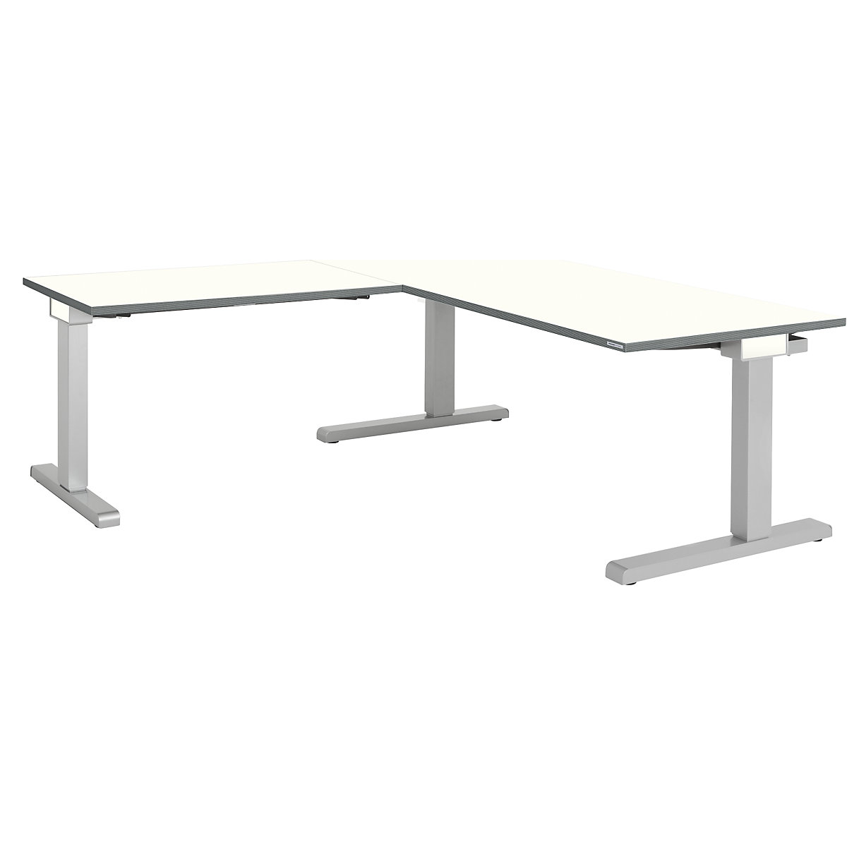 mauser – Stație de lucru în picioare, interconectată, lățime 1600 mm, extensie birou stânga, blat alb, cadru argintiu aluminiu
