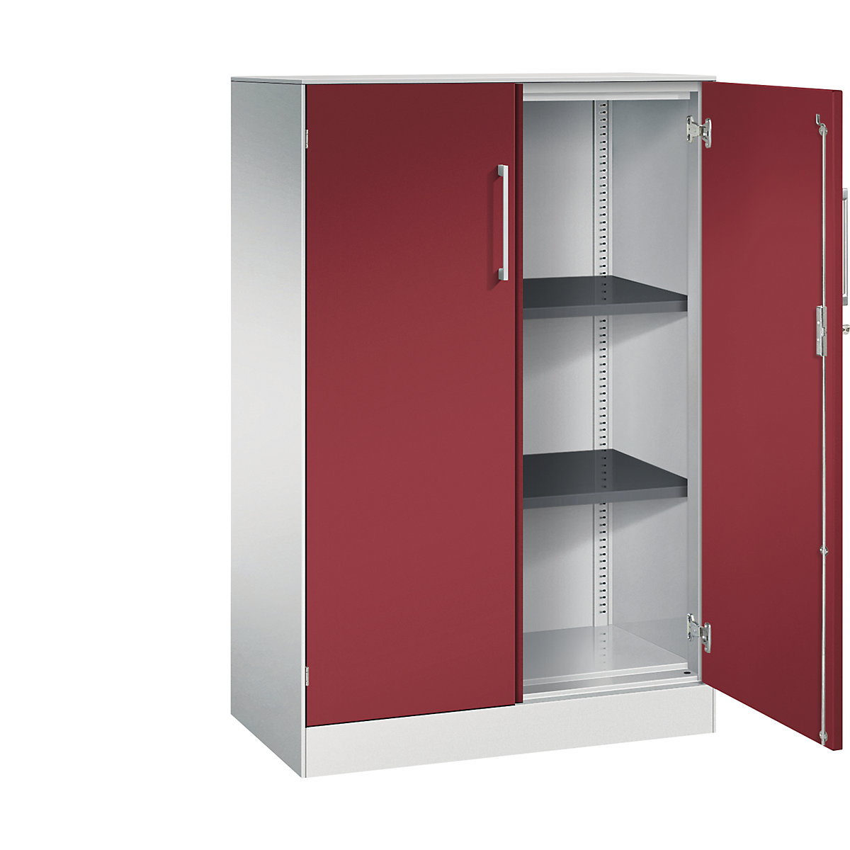 Dulap cu uși cu canaturi ASISTO, înălțime 1292 mm – C+P, lățime 800 mm, 2 polițe, gri deschis/roșu rubin-0