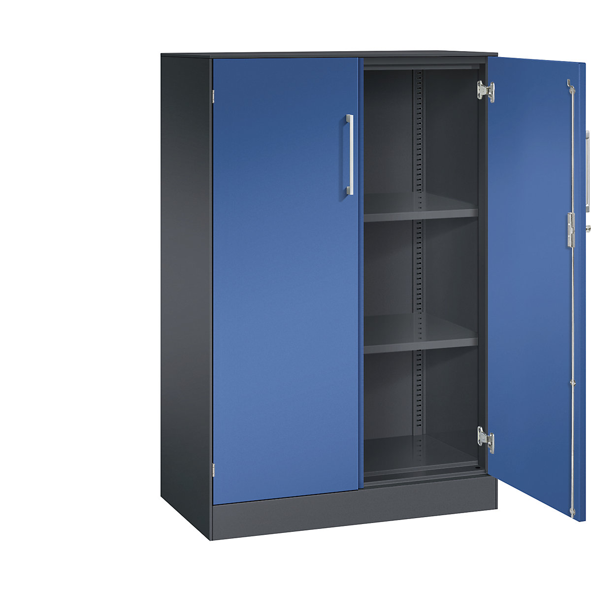 Dulap cu uși cu canaturi ASISTO, înălțime 1292 mm – C+P, lățime 800 mm, 2 polițe, gri negru/albastru gențiană-0