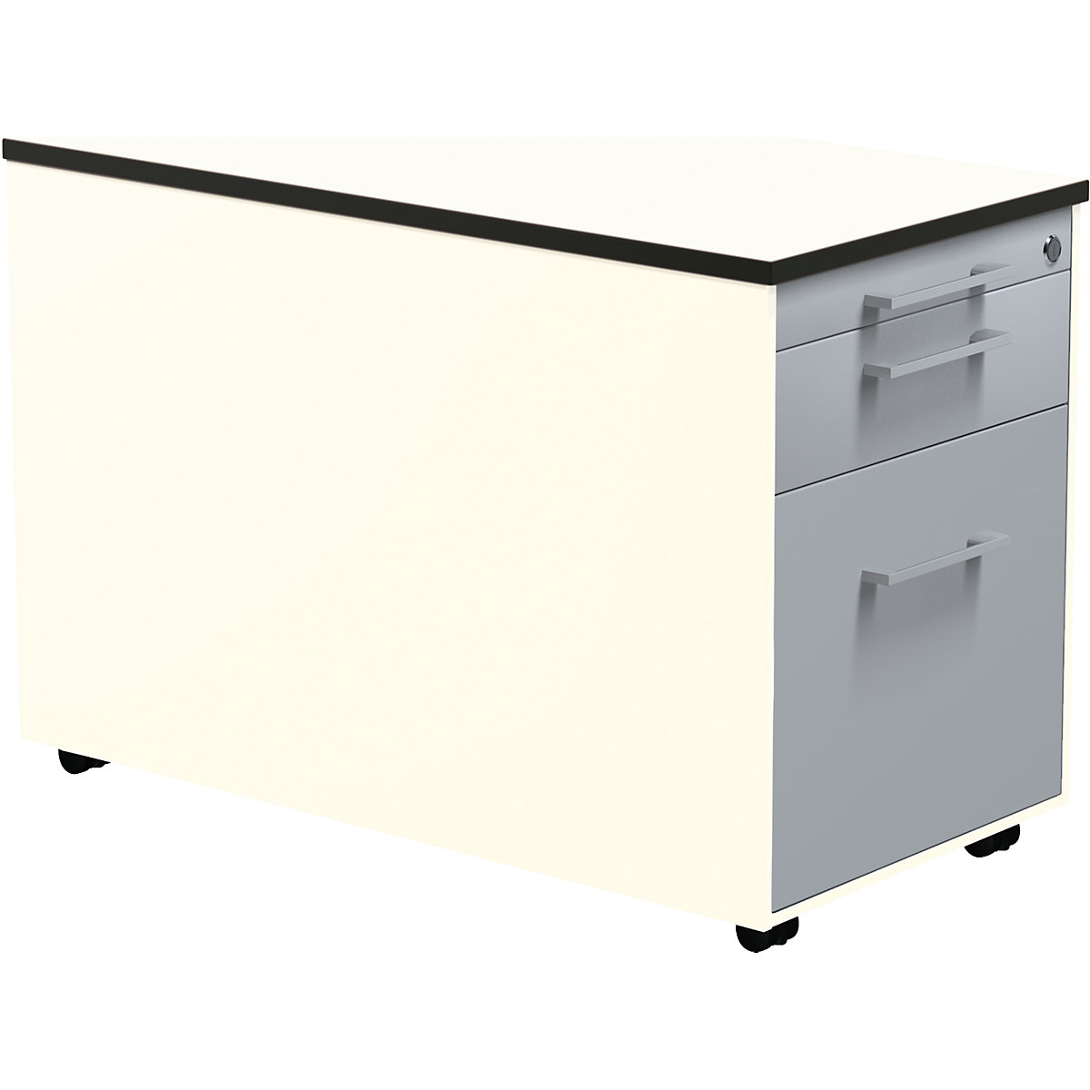 Casetieră cu sertare pe role – mauser, î. x ad. 523 x 800 mm, 1 sertar pentru materiale, 1 sertar pentru registratură suspendată, alb pur / argintiu aluminiu / alb