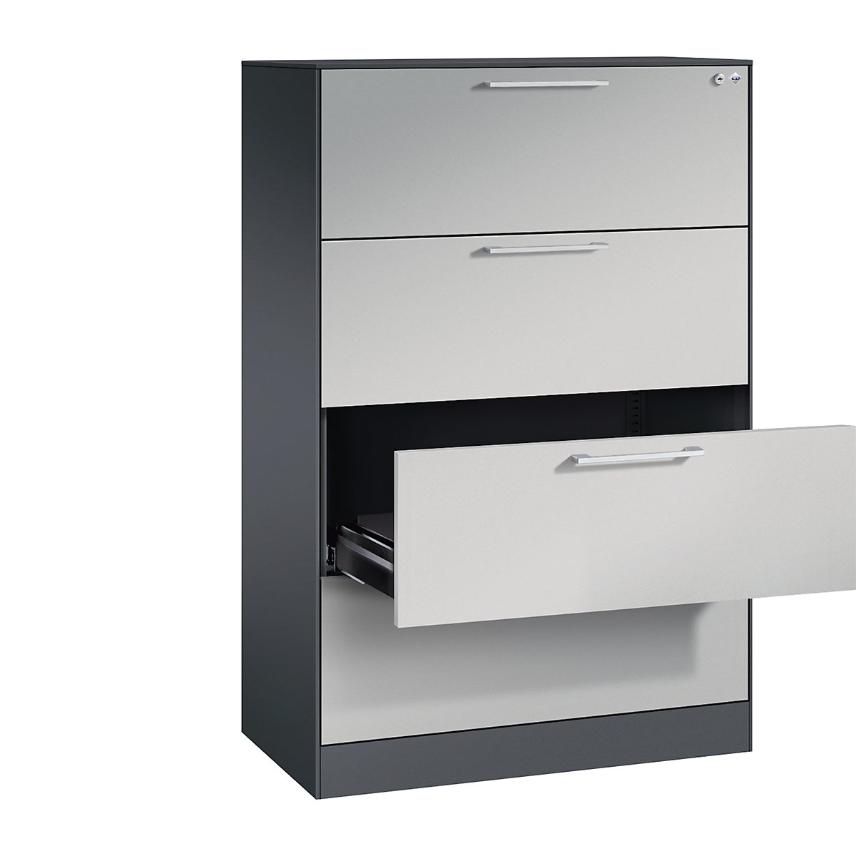 Fișier ASISTO – C+P, înălțime 1292 mm, cu 4 sertare, DIN A4 orizontal, gri negru/alb aluminiu-0