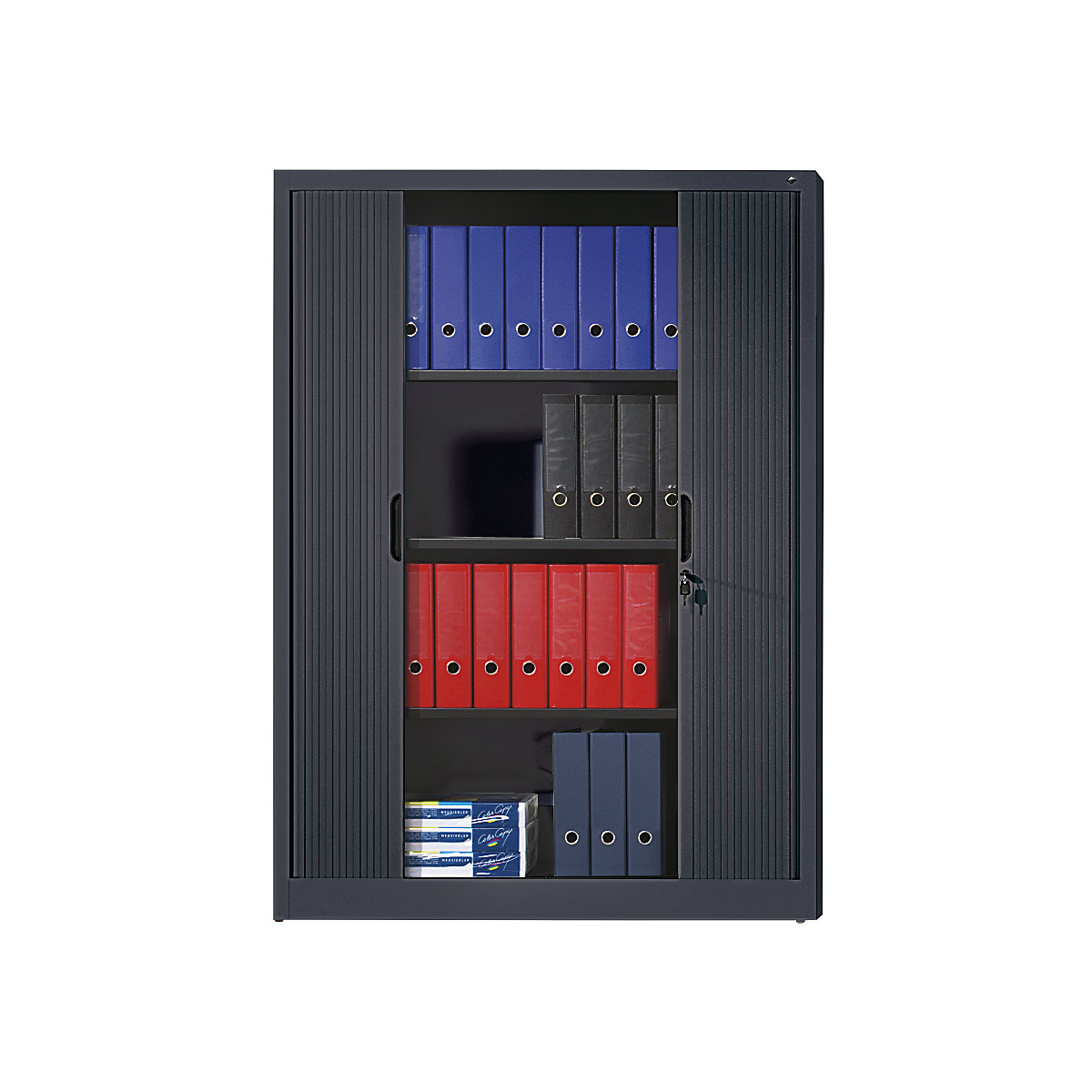 Dulap cu oblon orizontal – C+P, î. x lăț. x ad. 1660 x 1200 x 420 mm, 3 polițe, înălțime pentru 4 bibliorafturi, gri negru-0
